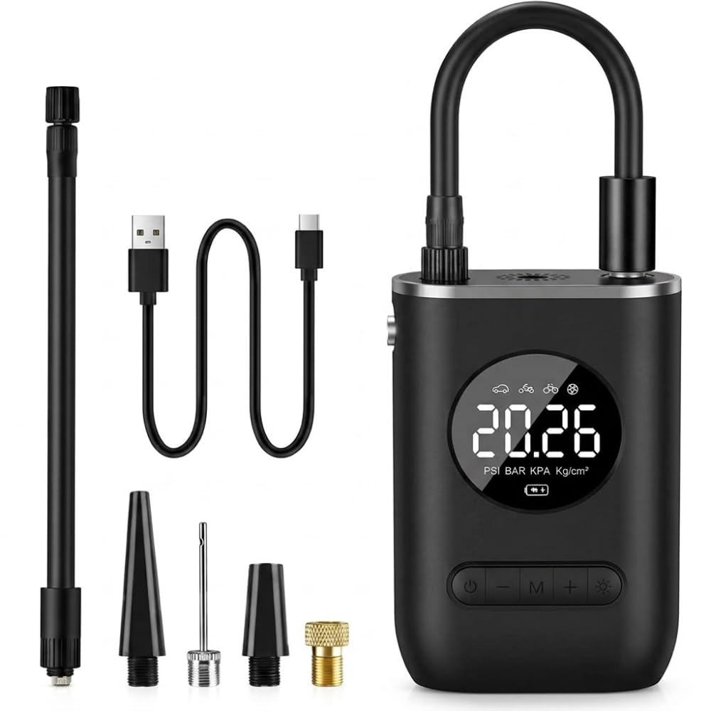 Compressor De Ar Digital Portátil Sem Fio Para Pneus 50W 2000mAh | Bateria Recarregável, Carregamento USB-C, Lanterna LED Integrada, Desligamento Automático, 25L/min Fluxo de Ar