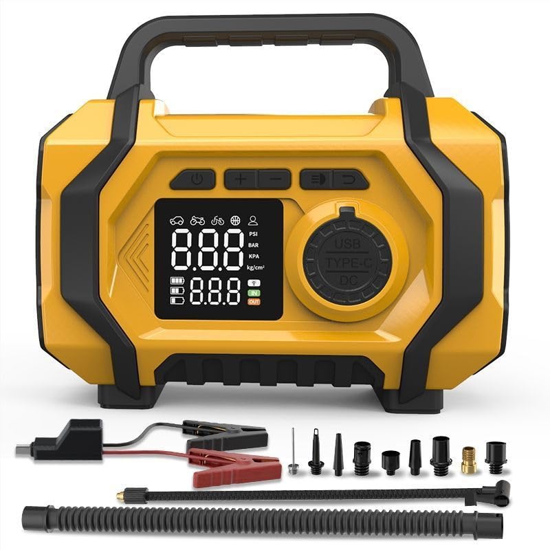 Compressor de Ar Portátil 9 em 1 com Auxiliar de Partida 6000A | 26800 mAh, 150 PSI Autostop, Até 10L Diesel, USB Type-C, Tela LED Digital
