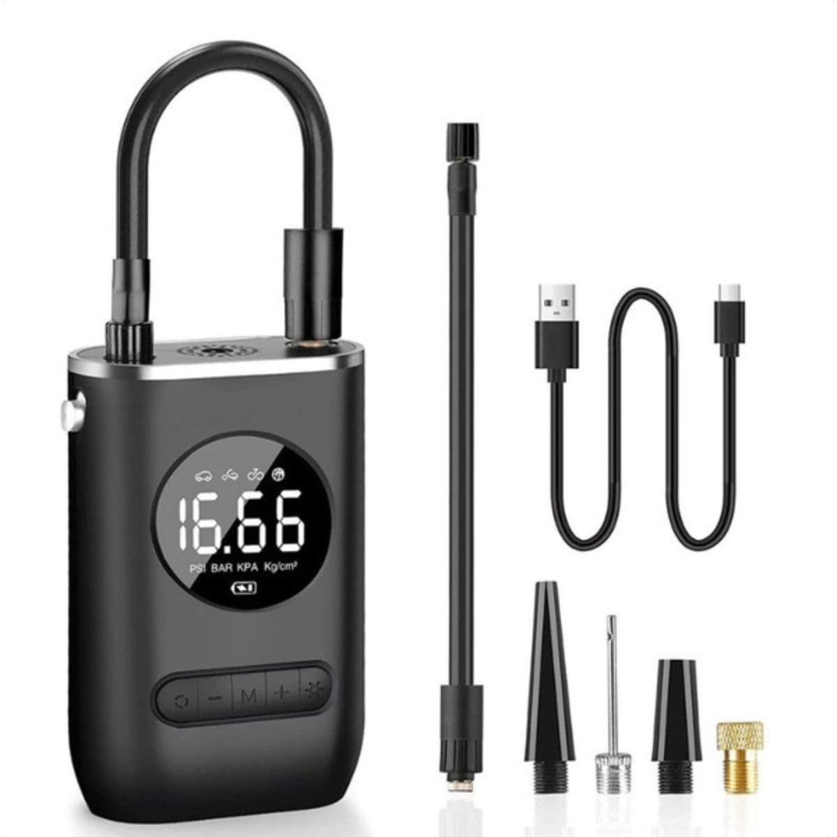 Calibrador Compressor Bomba De Ar Portátil Digital com Lanterna LED para Encher Pneus de Carro, Moto, Bike, Bicicleta, Bola e Piscina Inflável 50W