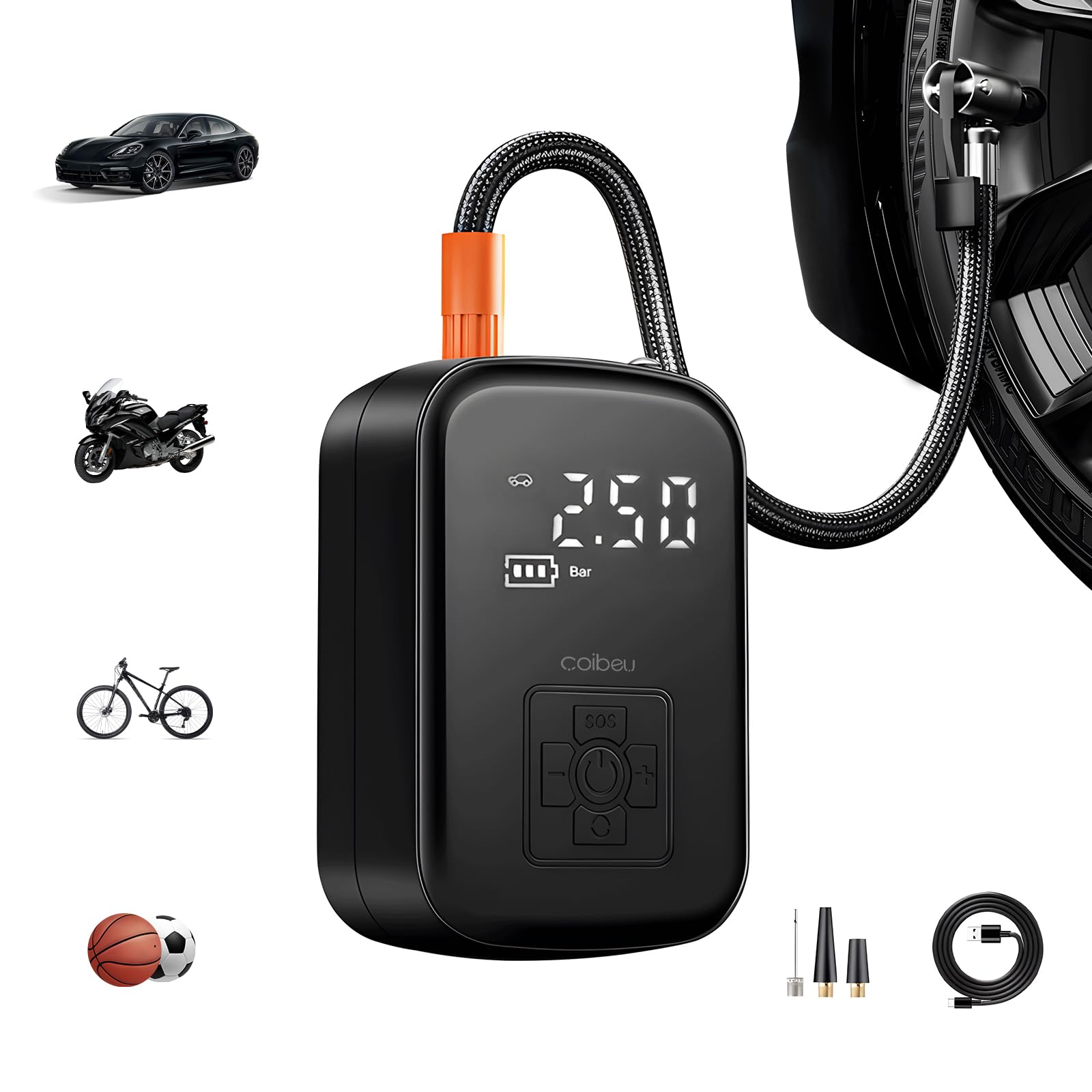 Compressor de Ar Portatil, Calibrador de Pneus Portatil, Bomba de Encher com Display Digital, Pré-sets de Pressão, Power Bank 6000mAh para Carros/Motos/Bicicletas e Bolas