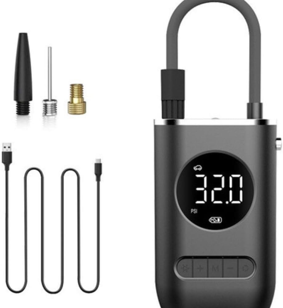 Calibrador, Compressor e Bomba de Ar Portátil Digital com Lanterna LED – Ideal para Pneus de Carro, Moto, Bike, Bola e Piscina Inflável. fácil de usar. Bateria Recarregável de 4000 mAh Premium
