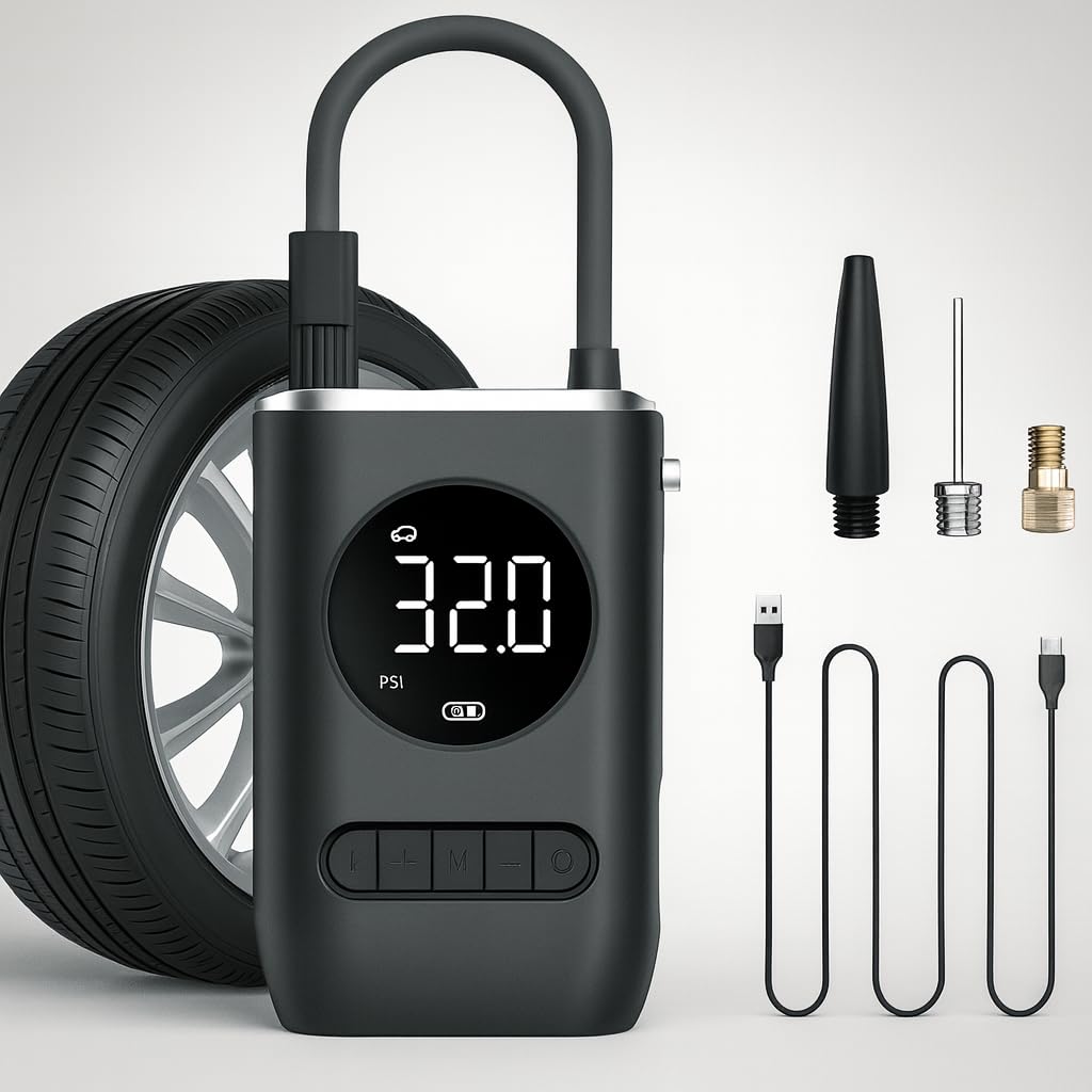 Calibrador Compressor Digital Portátil para Carros, Motos e Bicicletas, Bomba de Ar com Lanterna LED, Display LCD, Recarregável USB, Alta Pressão 150 PSI 12V 5V