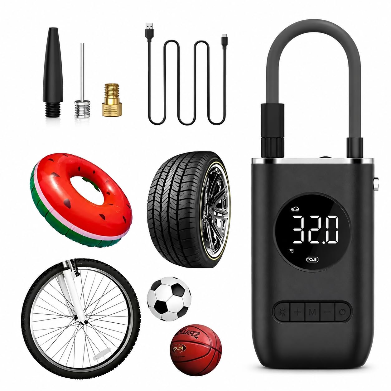 Compressor Calibrador Portátil de Ar Digital USB-C com Lanterna LED | Bomba Elétrica, Para Carro, Moto, Bicicleta, Pneus e Bolas, Mini Inflador Automático, Recarregável