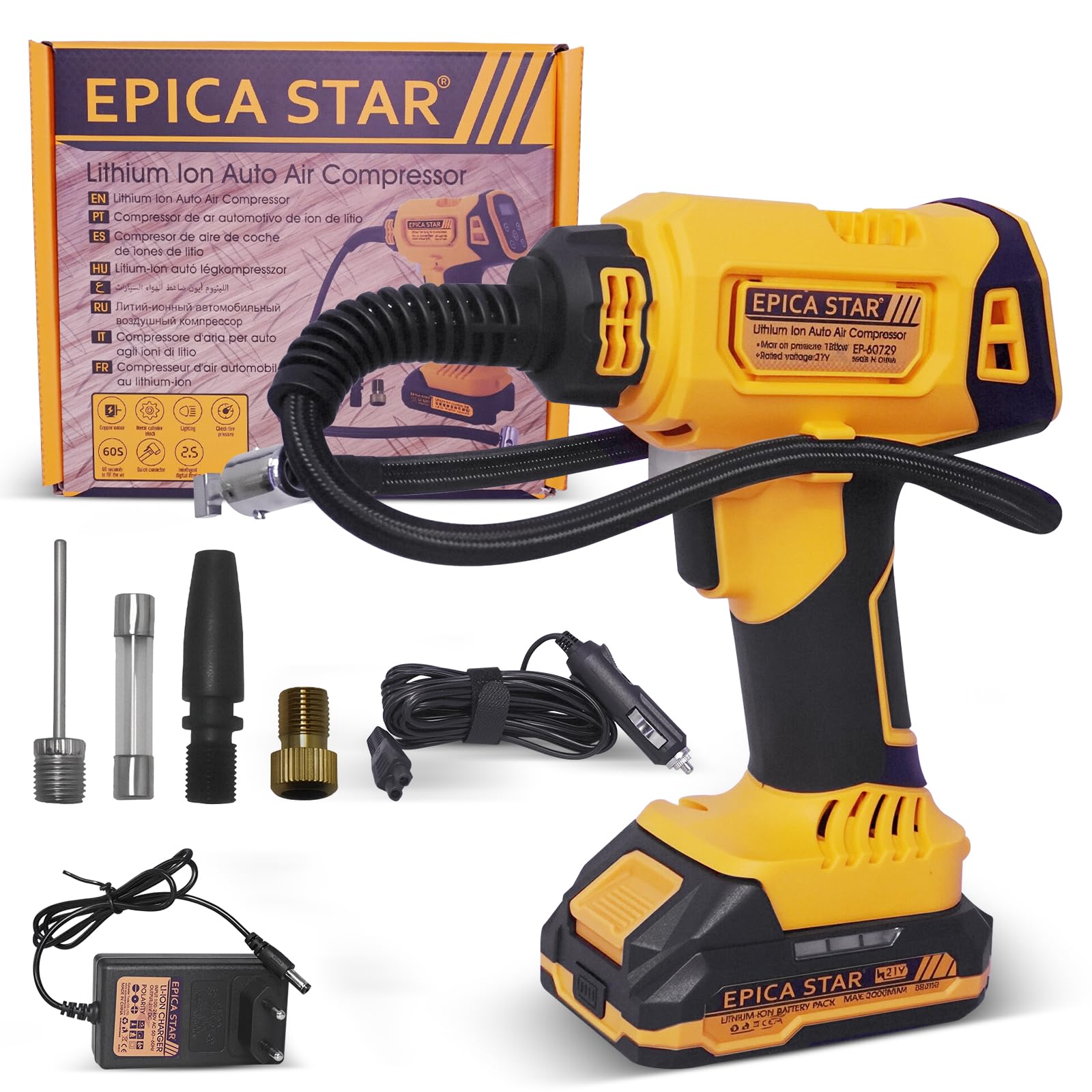 Compressor de Ar Portátil, Multifuncional Bomba de Ar Elétrica com Display Digital, Calibrador de Pneus com Bateria Recarregável de 21V 2000 mAh para Pneu Carro Moto Bicicleta Bola
