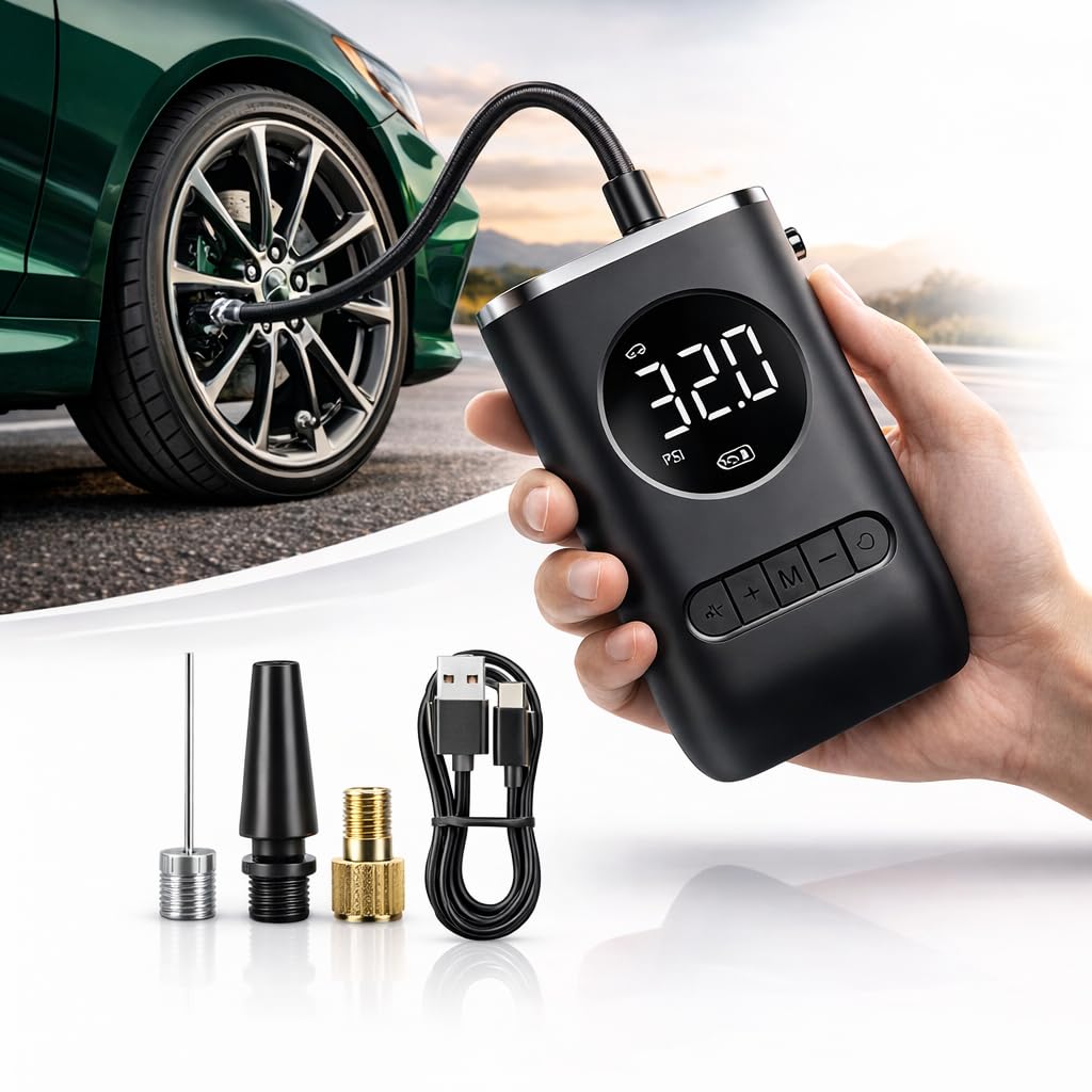 Mini Compressor Calibrador de Pneus Elétrico Portátil com Display Digital, Ajuste Automático de Pressão, LED de Emergência, USB-C, para Carro Moto Bicicleta e Infláveis