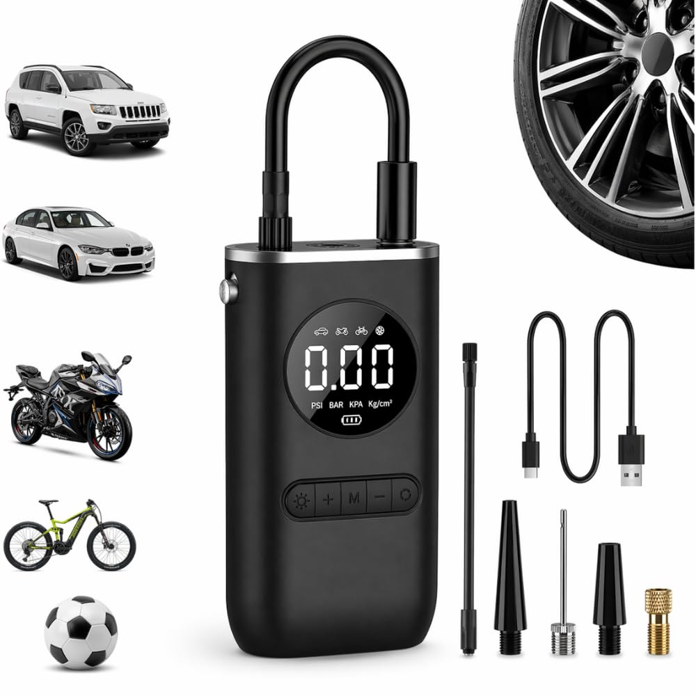 Calibrador Compressor de Ar Portátil Digital 150 PSI com Lanterna LED Bomba de Ar Recarregável Automática para Pneus de Carro, Moto, Bicicleta, Bike, Bola e Infláveis