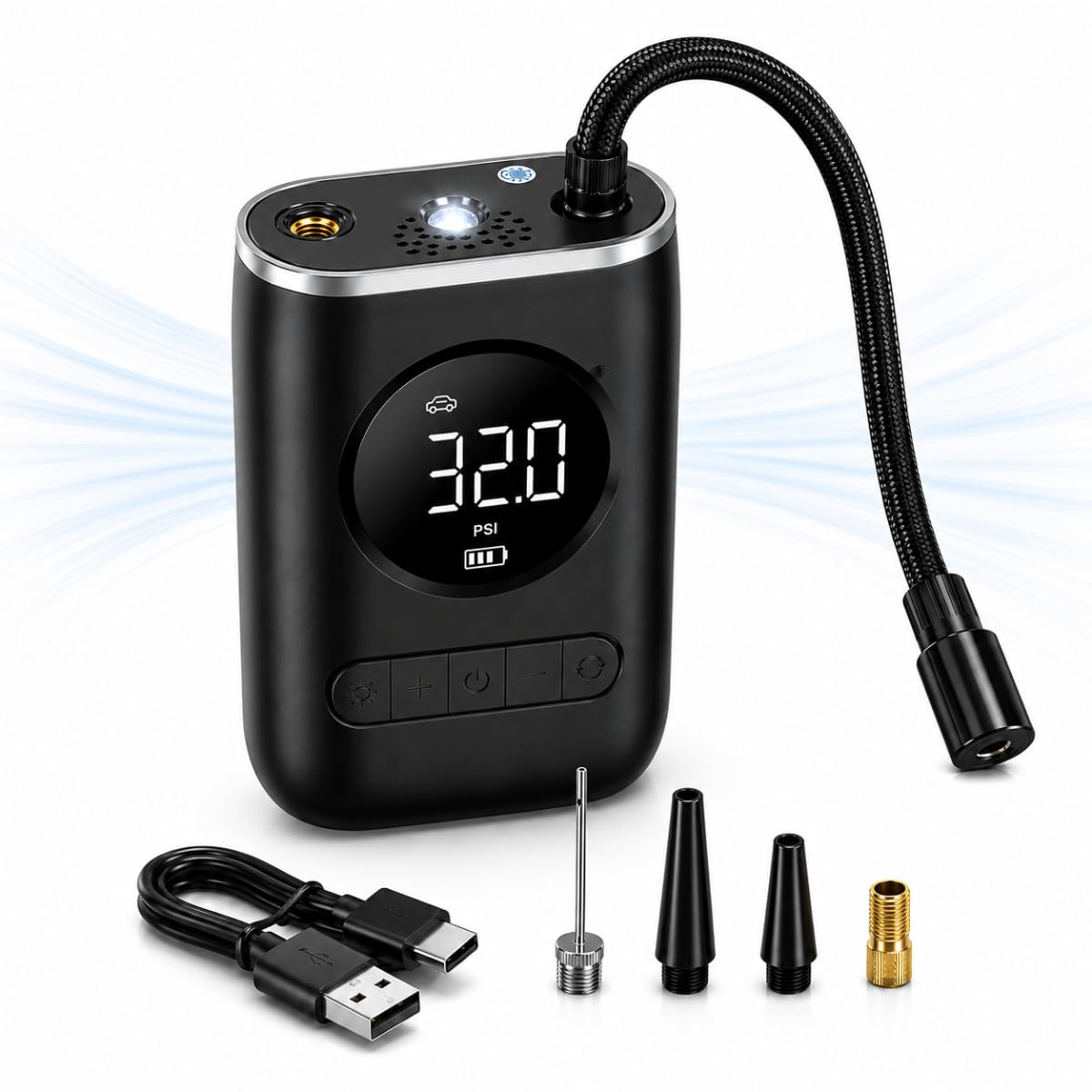 Compressor de Ar Portátil Premium Mini Calibrador Bomba de Ar Digital Para Encher Pneus de Carro, Moto, Bike, Bola e Infláveis Recarregável Sem Fio Com Lanterna LED