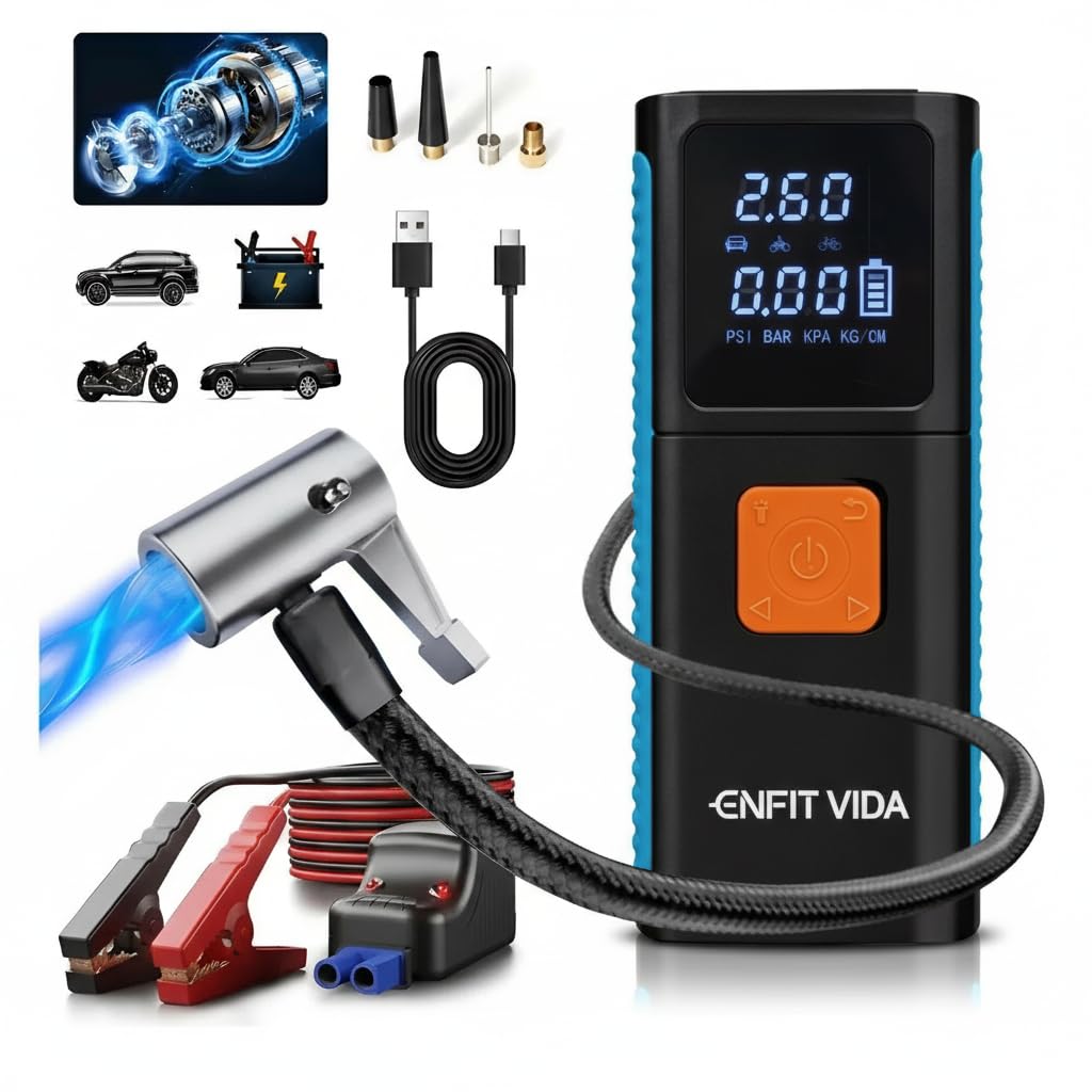 Auxiliar de Partida Veicular Portátil 1500A Multifuncional 4 em 1, Compressor de Ar 150PSI, Power Bank 10000mAh, Lanterna LED Multimodos,Calibrador de Pneus Portátil para Carros Motos Bicicletas Bolas