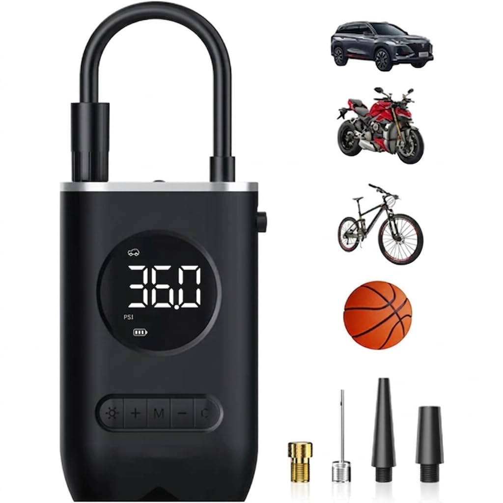 Compressor Calibrador de Pneu Portátil Digital - Mini Bomba de Ar Elétrica Recarregável Sem Fio para Carro, Moto, Bike, Bicicleta e Bola com Lanterna Bivolt