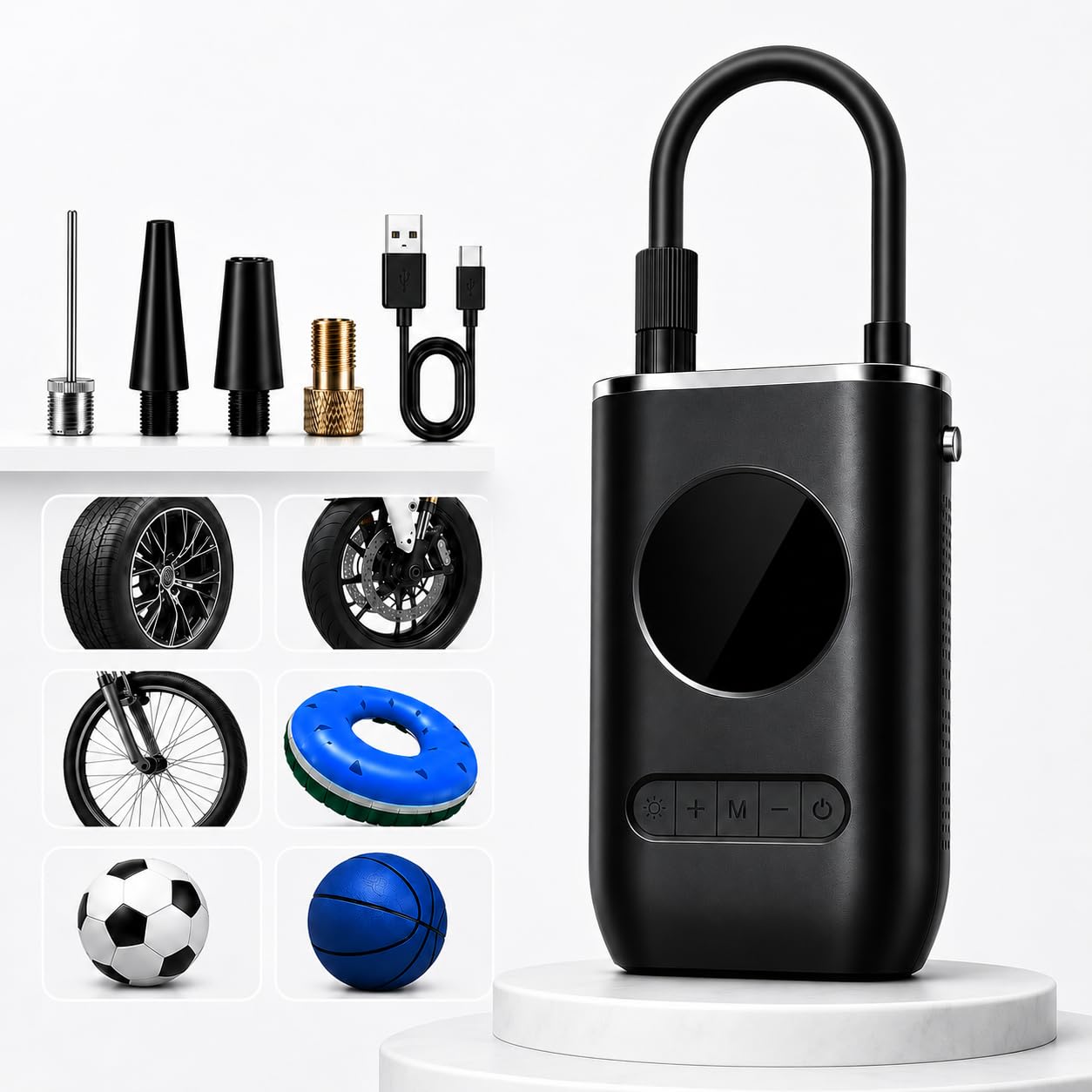 Compressor de Ar Portátil Digital Sem Fio 150 PSI 4000mAh com Lanterna LED, Mini Bomba Calibradora de Pneus para Carro, Moto, Bicicleta, Bola e Infláveis