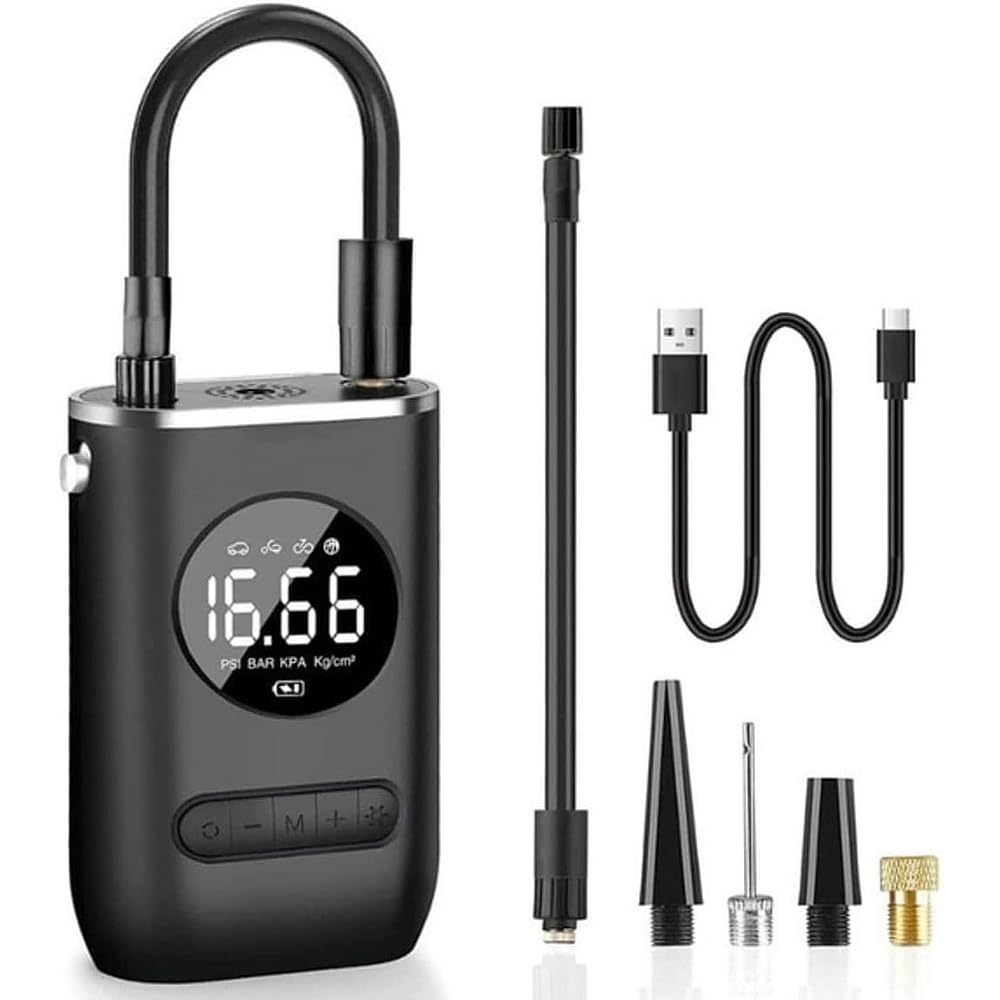 Bomba de Ar Portátil Digital Recarregável para Pneus de Carro, Moto e Bicicleta | Bomba de Ar Elétrica com Display LCD, Lanterna LED, Calibrador Automático e Bateria para Bolas e Infláveis