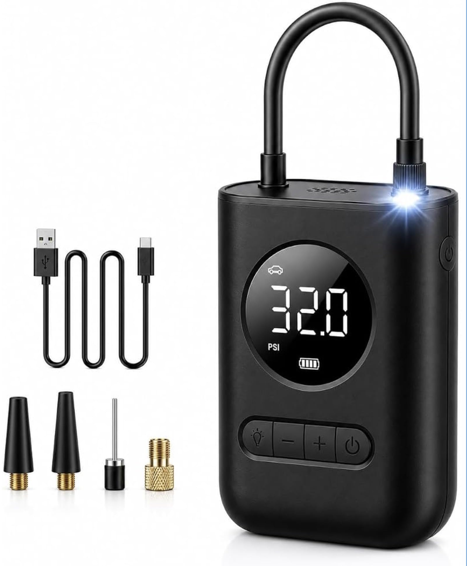 Compressor Calibrador de Ar Portátil Sem Fio 150 PSI com Bateria 4000mAh – Inflador de Pneus Digital com Display LCD, Luz LED de Emergência, Mini Bomba de Ar para Carro, Moto, Bicicleta e Bola
