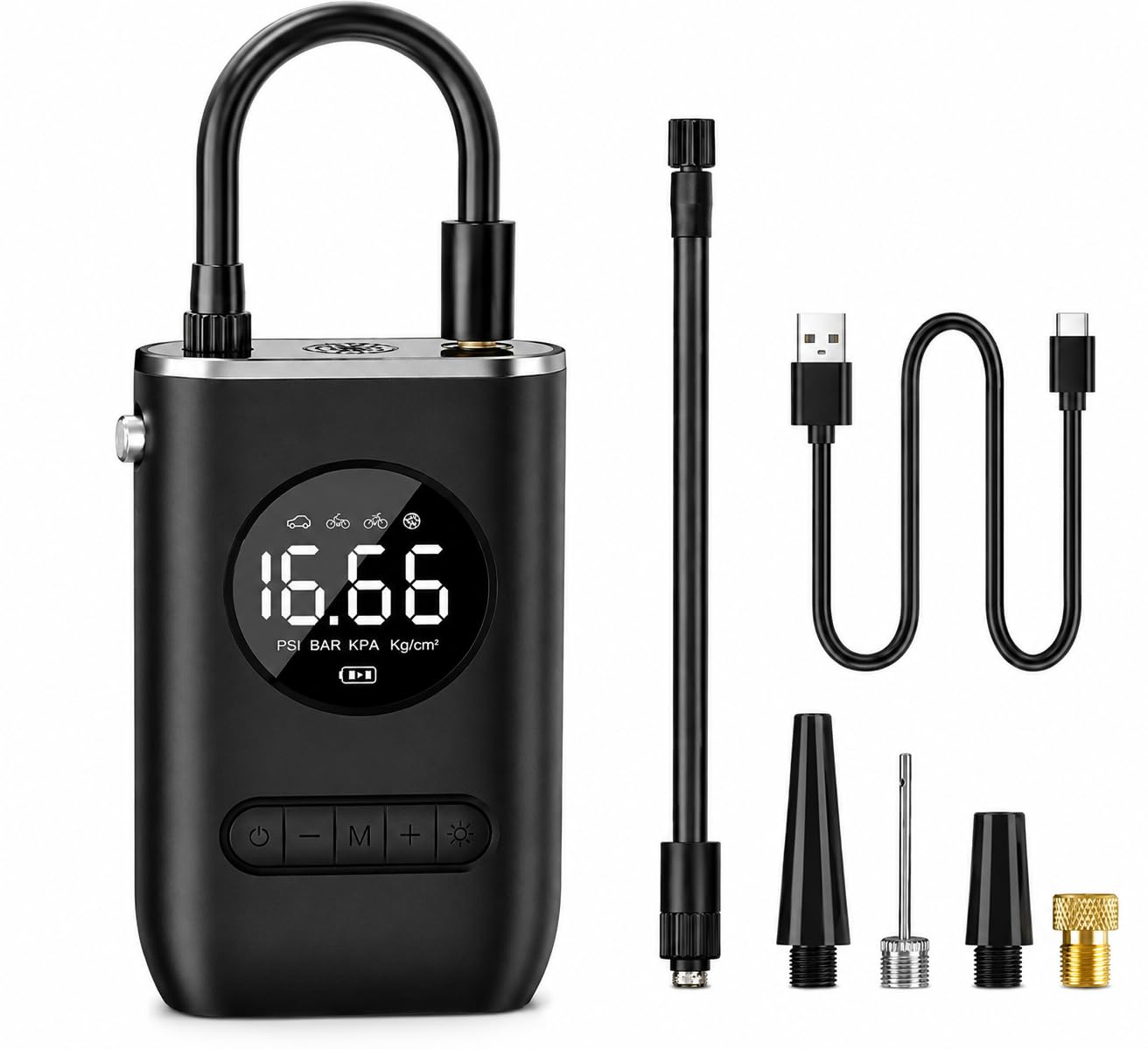Calibrador Digital de Pneus com Compressor de Ar Portátil Recarregável, Desligamento Automático, Display LCD e Lanterna LED para Carro, Moto e Bicicleta