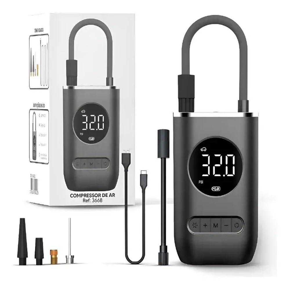 Compressor/Calibrador de Ar Portátil USB Sem Fio 150 PSI com Display Digital LCD e Luz de LED | Inflador de Pneus de Carro, Moto e Bicicleta, Bolas, Inflaveis