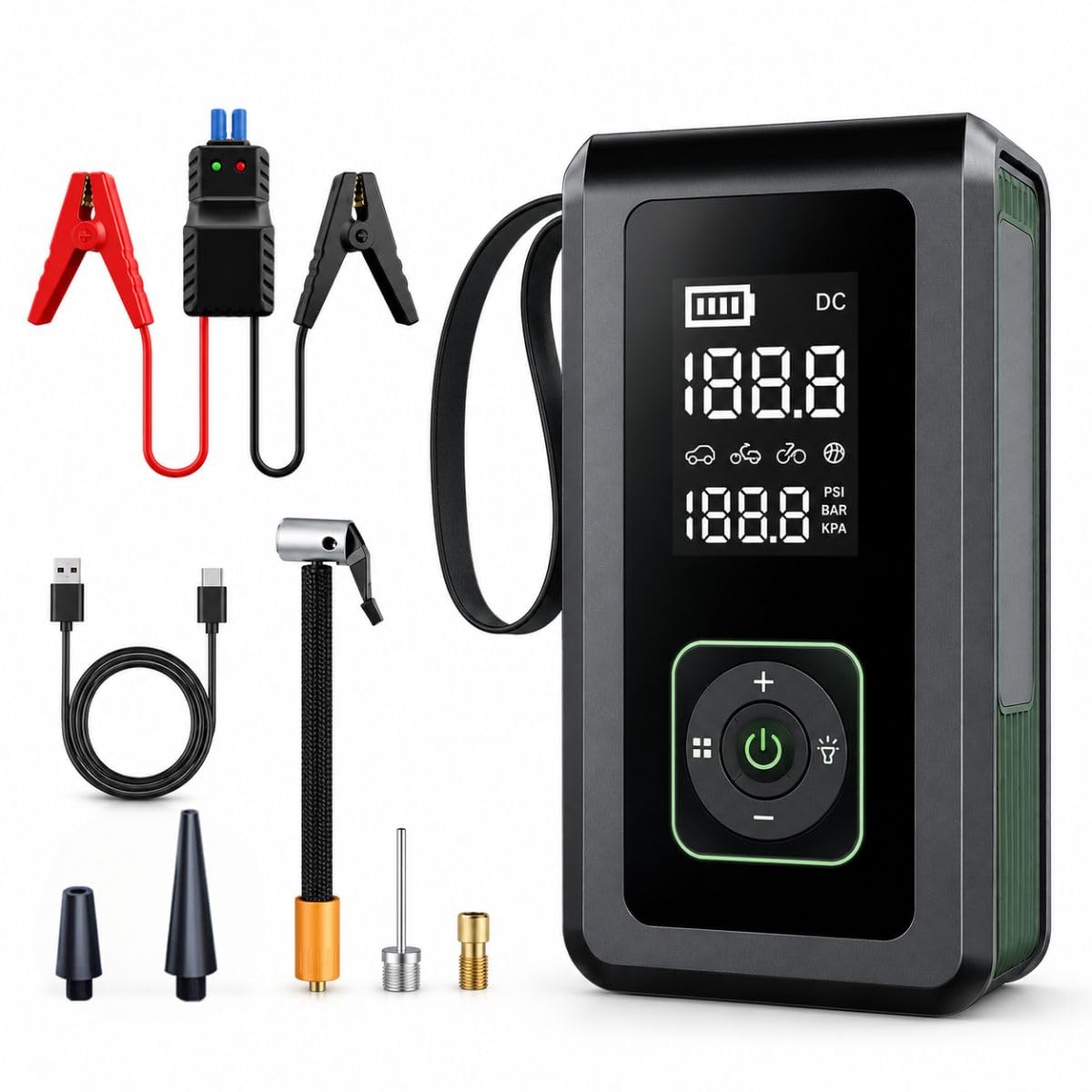 Compressor Portátil 4 em 1 PowerBank 15000mAh Auxiliar De Partida e Calibrador de Pneu, Carregador de Bateria Sem Fio Com Luz de Emergência e Carregador Celular Power Bank, chupeta para carro