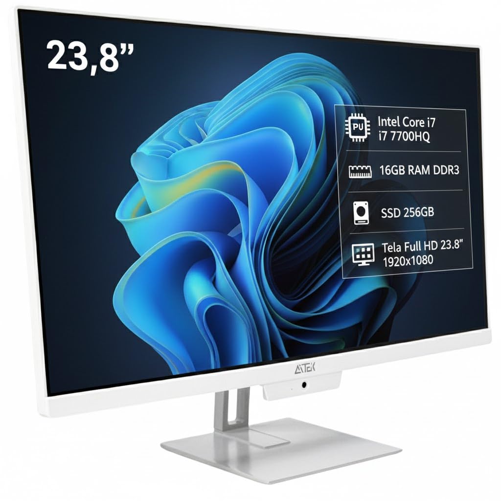 Computador All in One 23.8" Intel Core i7 7700HQ, 16GB RAM DDR3, SSD 256GB, Tela Full HD LED LCD 1920x1080, Webcam 3MP, Wi-Fi 5GHz, HDMI/VGA, USB, Branco
