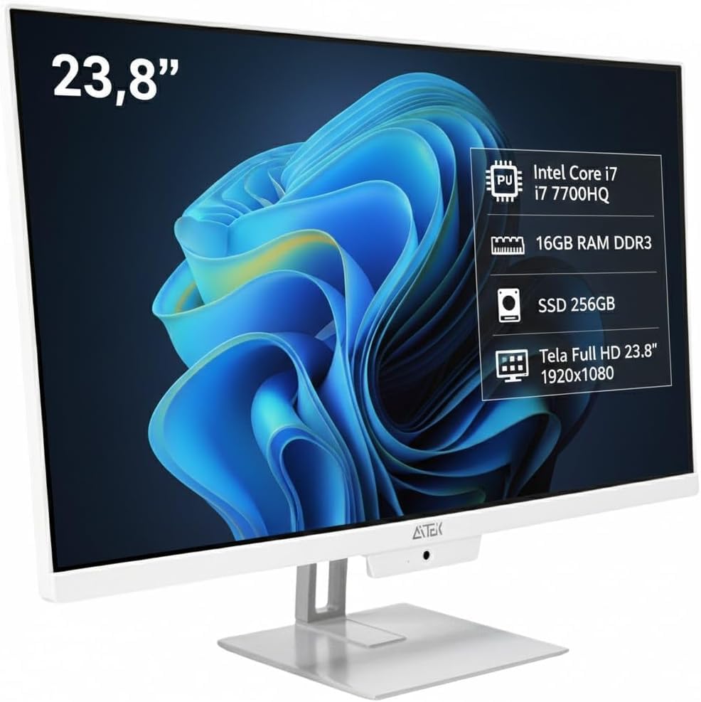 Computador All in One 23.8" Intel Core i7 7700HQ, 16GB RAM DDR3, SSD 256GB, Tela LED Full HD LCD 1920x1080, Webcam 3MP, Wi-Fi 5GHz, HDMI/VGA, USB, Branco