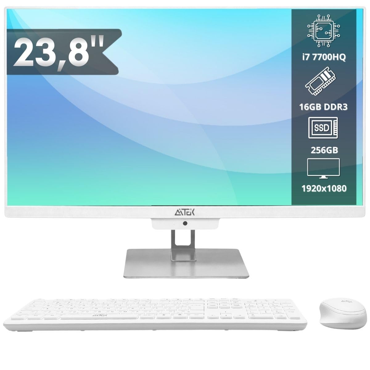 Computador All in One 23.8" Completo 16GB RAM DDR3/SSD 256GB, Tela LED LCD Full HD, Wi-Fi 5GHz, com Webcam 3MP Integrada, Teclado e Mouse para Escritório Trabalho Home Office