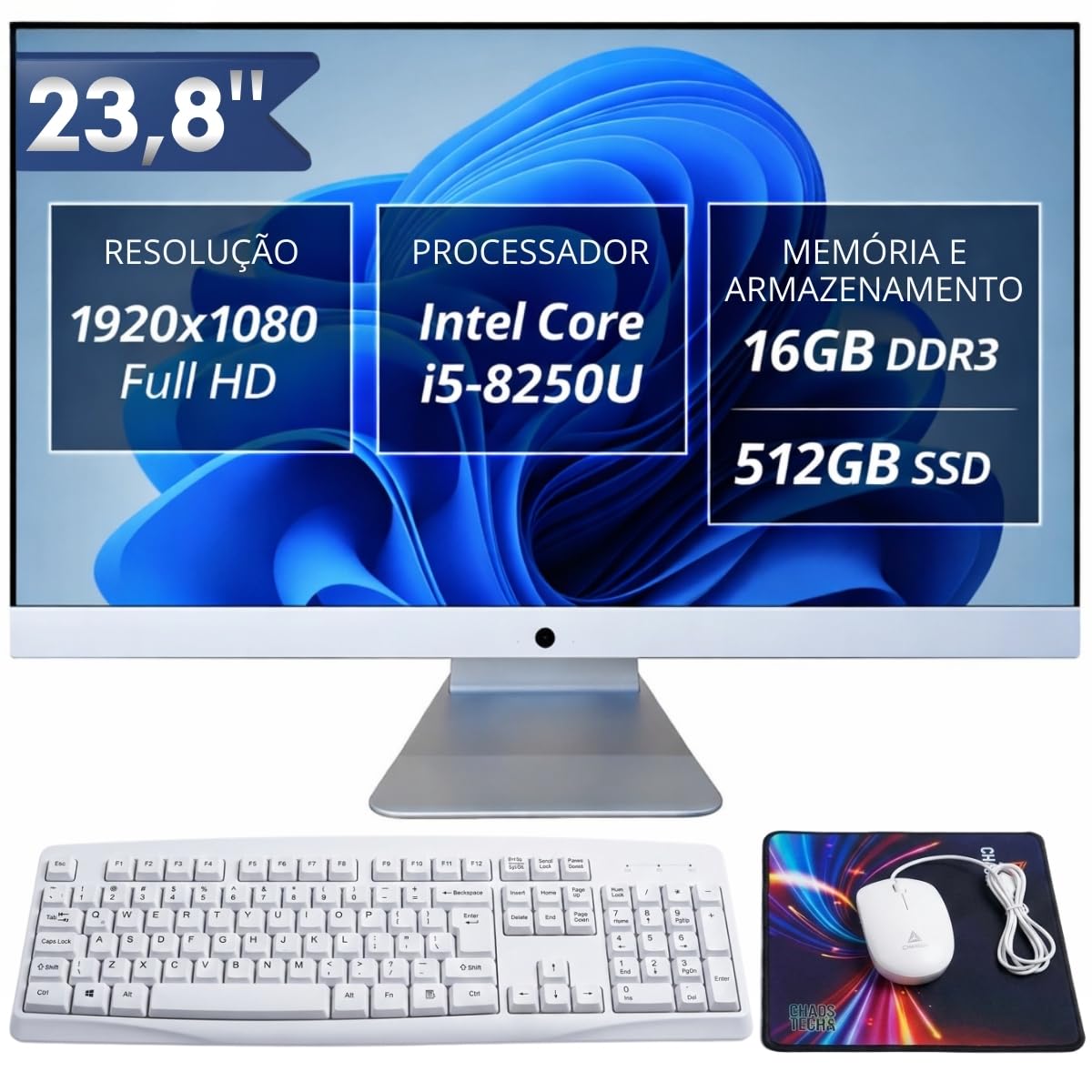 Computador All in One 23,8" Full HD Intel Core i5-8250U SSD 512GB 16GB RAM, Wi-Fi Bluetooth HDMI VGA, Alto-Falantes e Webcam Integrados com Teclado e Mouse PC Completo