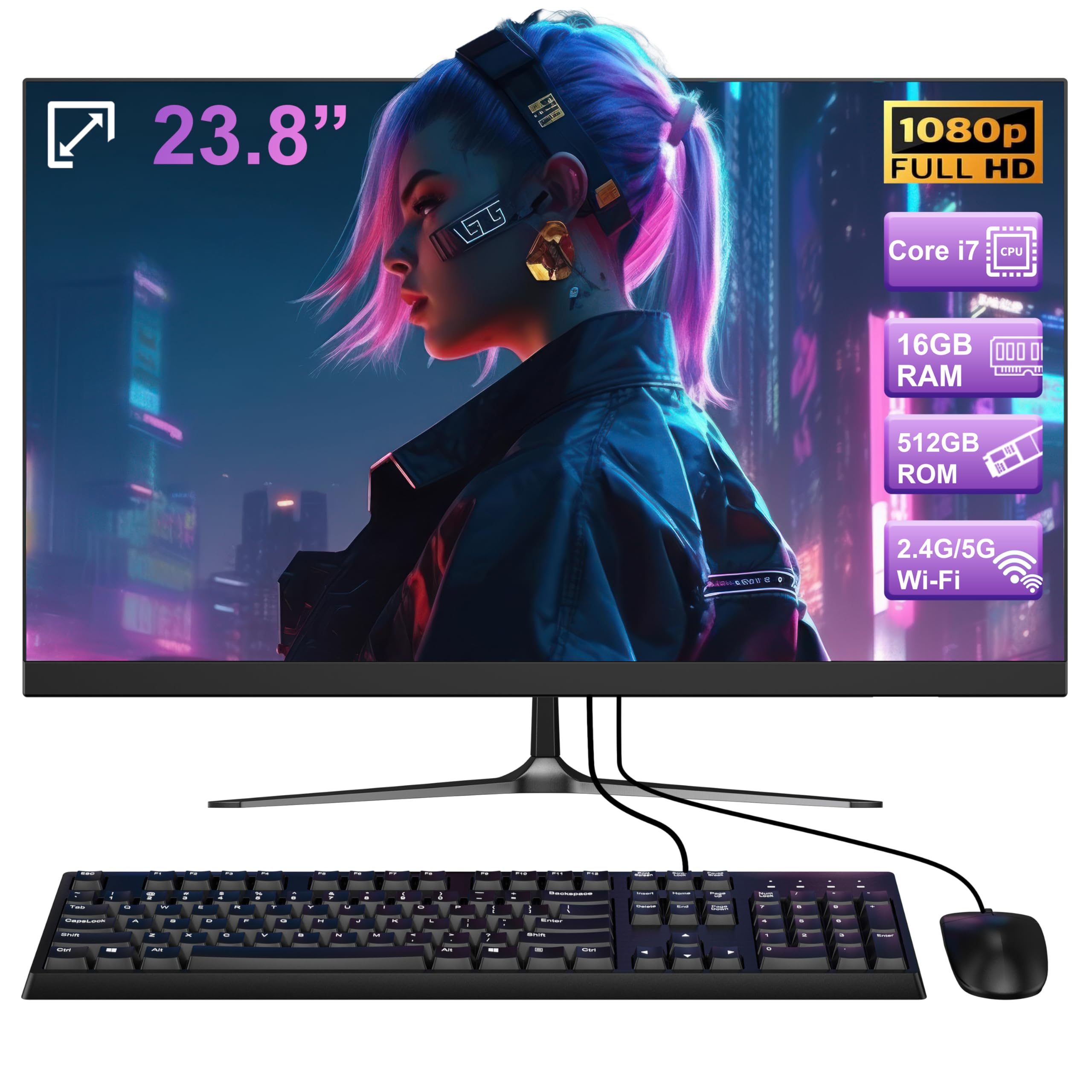 Processador Core i7 All-in-One FHD de 60.5 cm (máximo de 3,0 GHz) PC desktop multifuncional preto elegante 16GB DDR 512GB SSD com Bluetooth 5.3 e WiFi 6 tela de alta definição para estudo de
