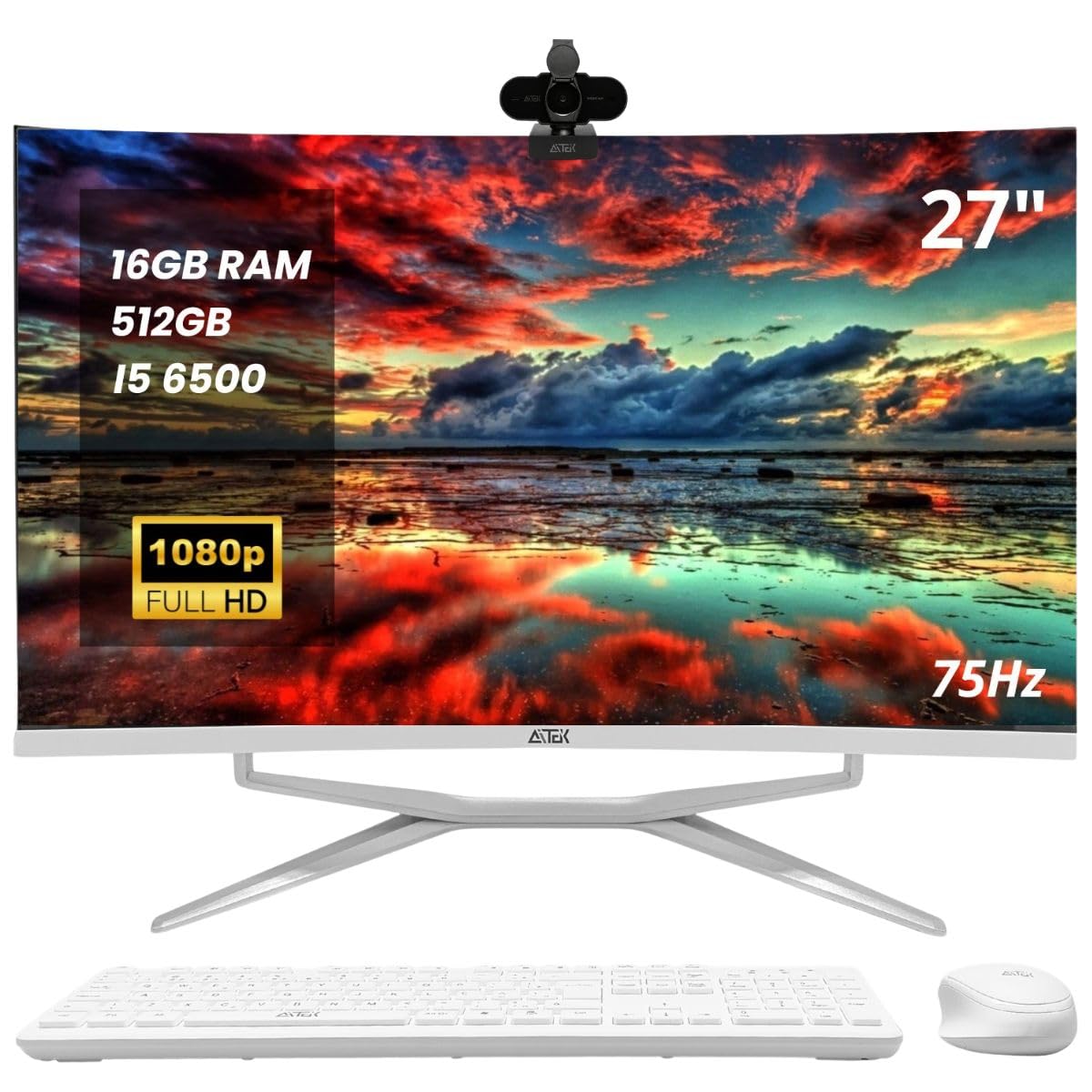 Computador All in One Curvo 27" 75Hz Full HD i5 6500 512GB 16GB RAM Wi-Fi 2.4 e 5GHz Desktop com Teclado e Mouse Sem Fio Webcam Tela VA Alto-Falantes Integrados