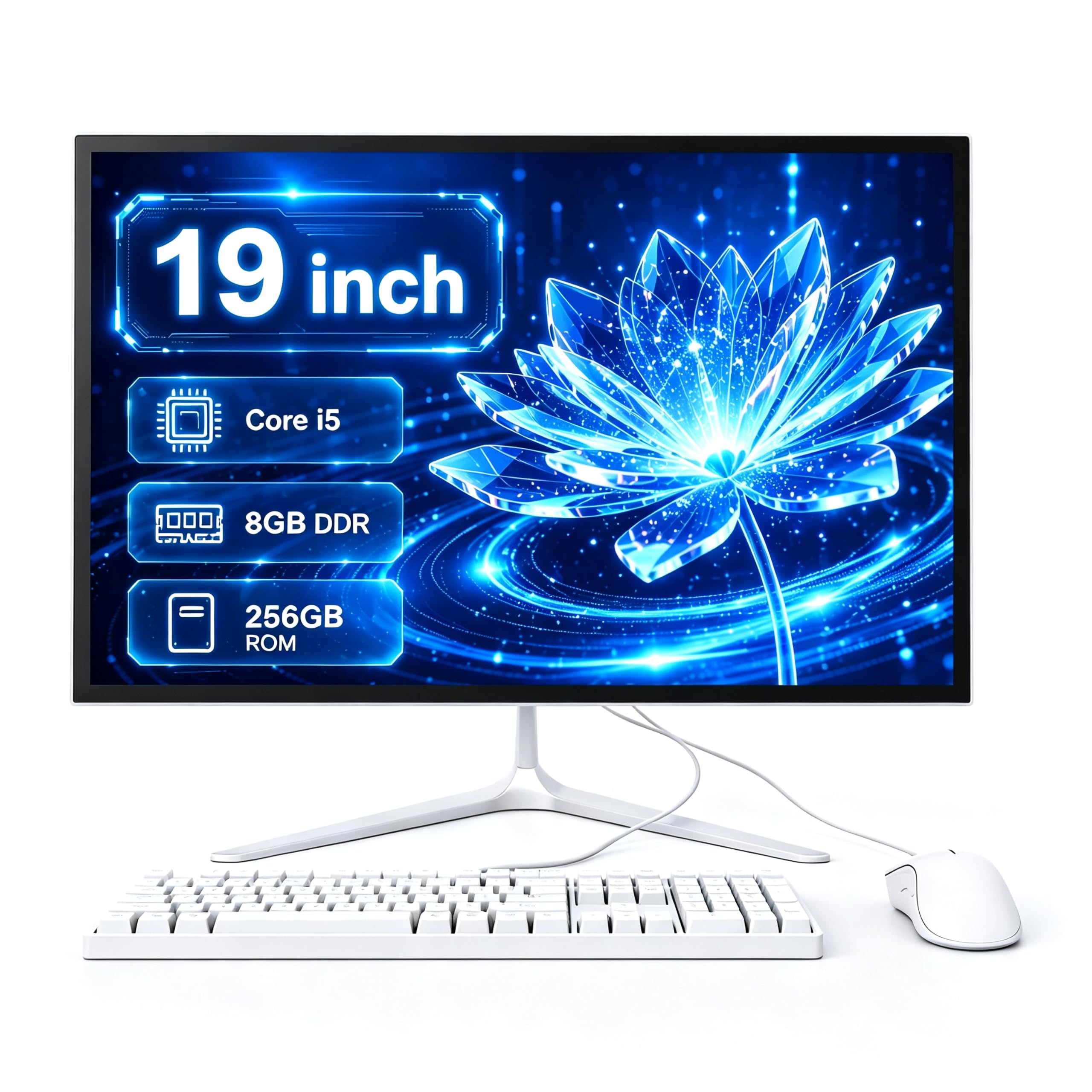 Computador Desktop All-in-One 19 polegadas, PC compacto com economia de espaço | Core i5 8GB RAM 256GB SSD, tela TN 1080p, WiFi 6 Bluetooth 5.3, mouse e teclado, para estudantes de escritório em casa