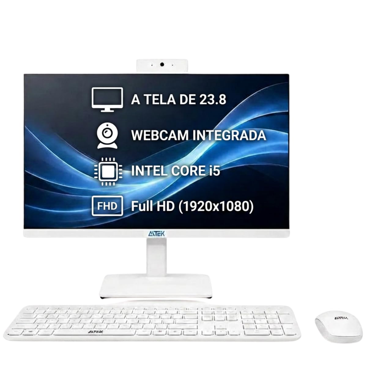 Computador All In One 23,8" Core i5 i5-12450H SSD 256GB 16GB RAM DDR4 Wi-Fi Dual Band, Saídas HDMI/VGA Alto-Falantes e Webcam Integrados com Teclado e Mouse