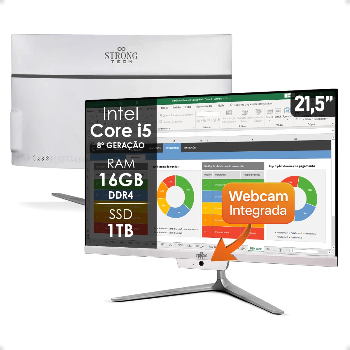 Computador All In One AM Intel Core i5-8265U 16GB RAM DDR4 1TB SSD Tela 21,5" Full HD Wi-Fi Bluetooth L2F
