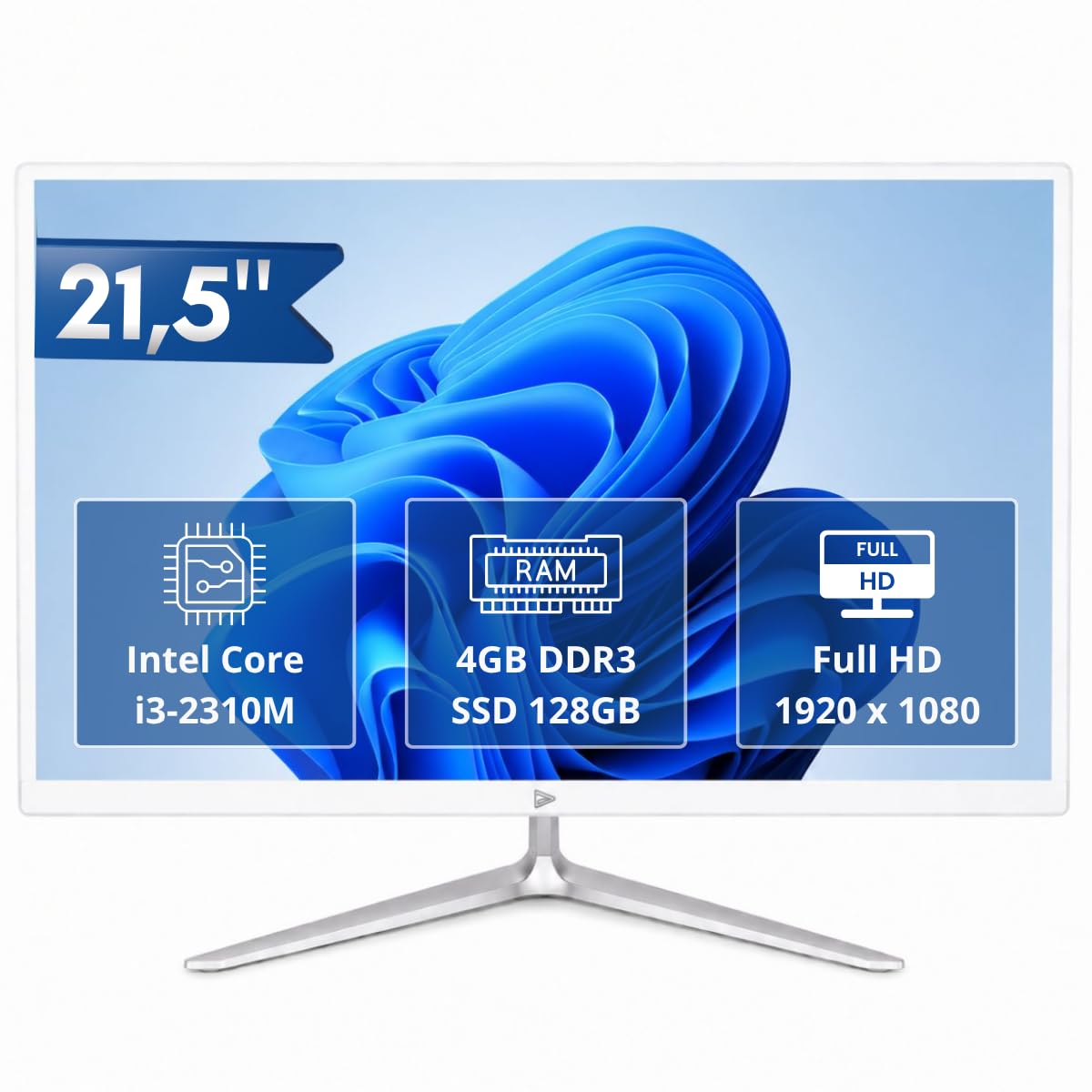 Computador All-in-One 21,5" Full HD, Intel i3 2310M 4GB RAM SSD 128GB, Wi-Fi, Bluetooth, HDMI, para Estudo, Home Office e Escritório (Branco)