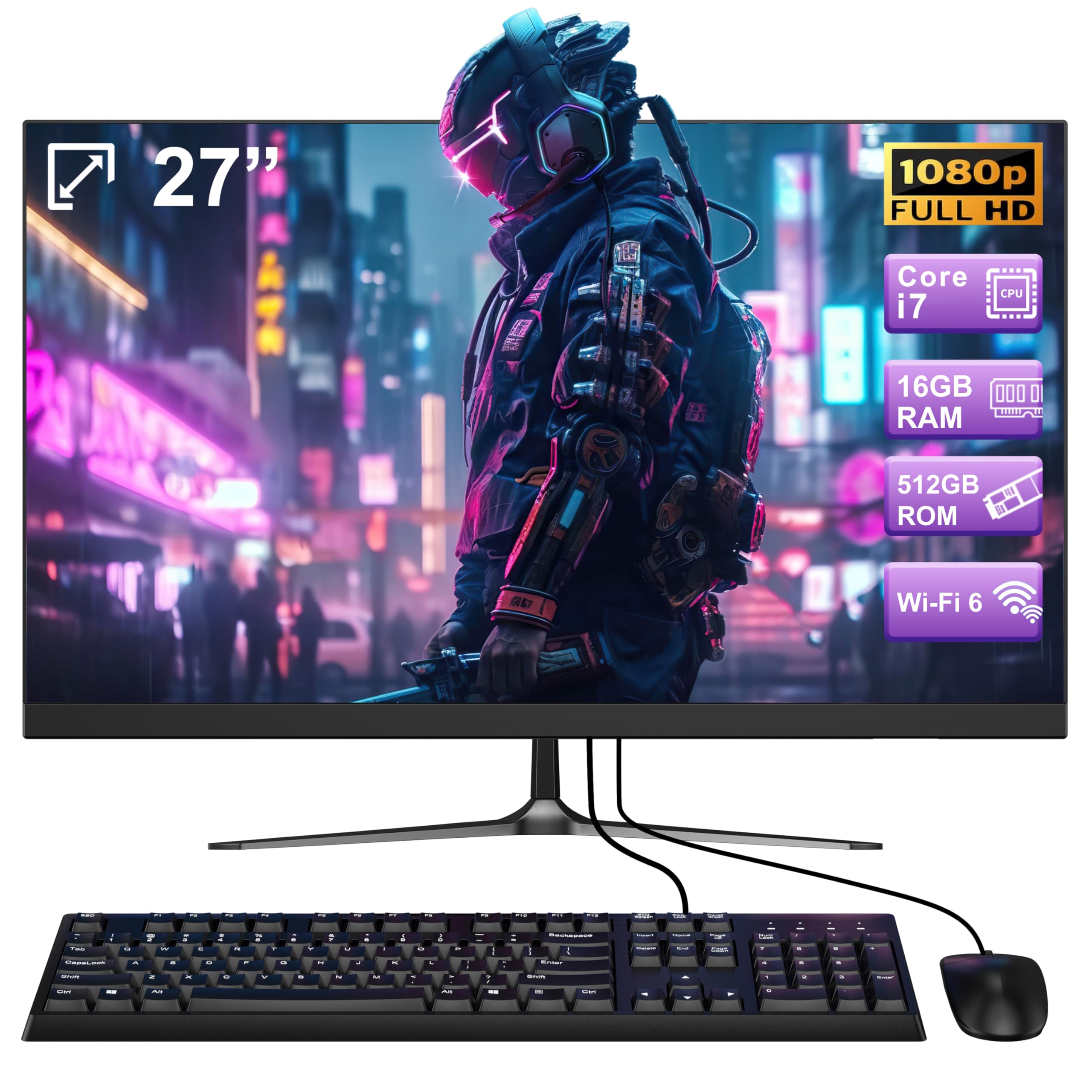 Computador multifuncional de 27 polegadas Core i7 Processador 4 núcleos All-in-One Desktop 16GB DDR 512GB SSD com Bluetooth 5.3 e WiFi 6 1920 * 1080 Tela de alta definição com teclado e