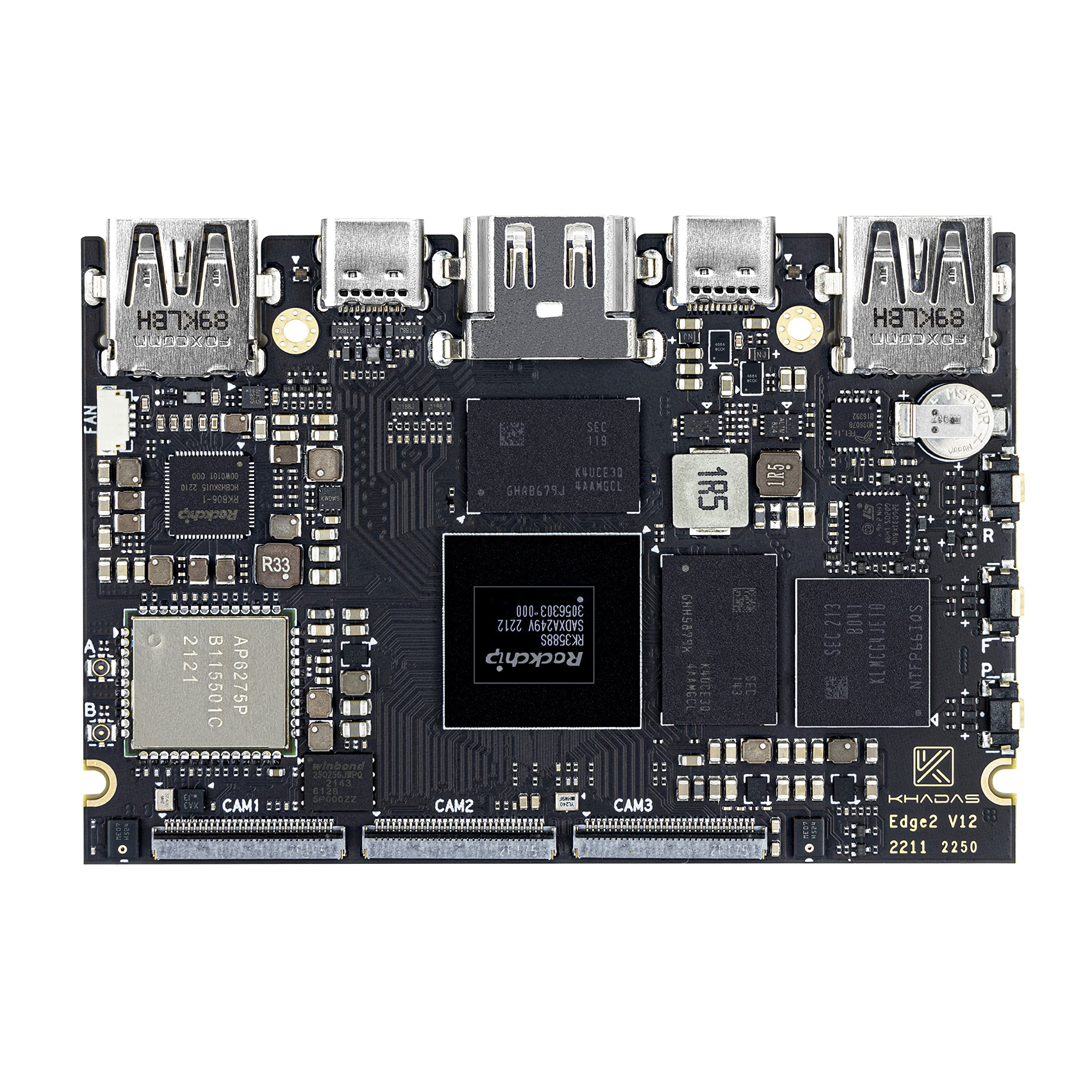 khadas Computador de placa única Edge2 RK3588S ARM PC, com CPU 8-core 64-bit, ARM Mali-G610 MP4 GPU, 6 tops AI NPU, Wi-Fi 6, Bluetooth 5.0, 8K HD Display & Decodificador, 4K UI e 4 monitores