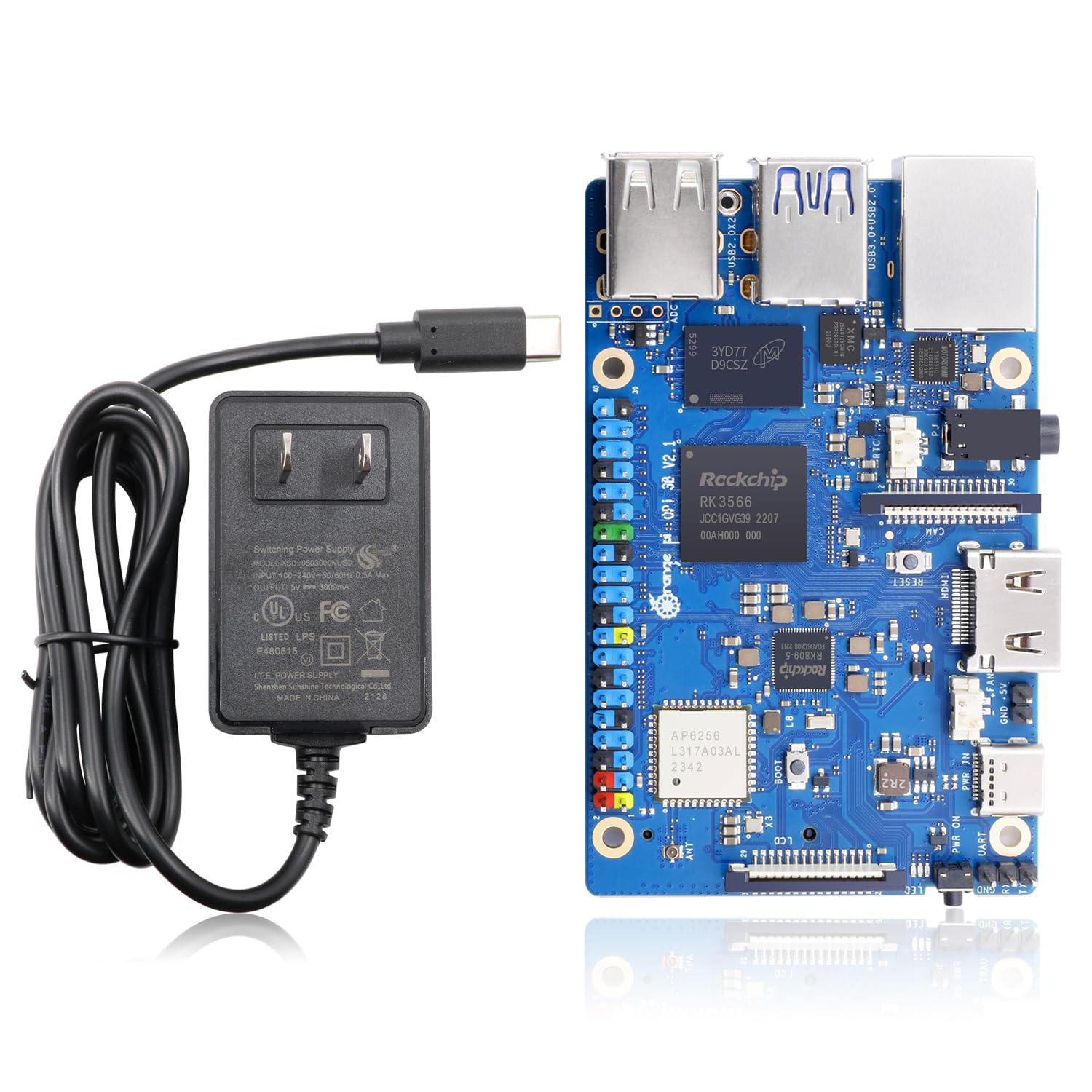 Orange Pi 3B 4GB LPDDR4/4X Rockchip RK3566 4-Core 64 bits computador de placa única, suporte WiFi 5 e Bluetooth, placa de desenvolvimento Android/Ubuntu/Debian (Pi 3B 4GB+Fonte de energia)