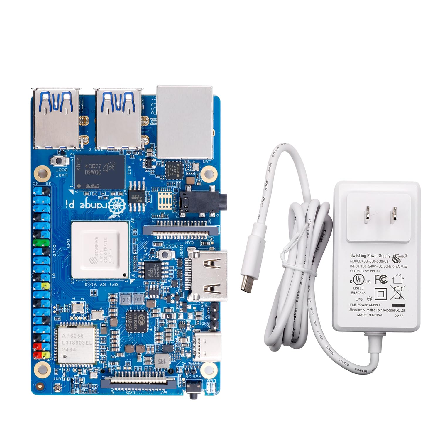 Orange Pi Computador de placa única RV 2GB LPDDR4 RISC-V com processador StarFive JH7100 4-Core 64-Bits, Wi-Fi 5.0/Bluetooth 5.0, placa de desenvolvimento executada Linux/Debian (4 GB + fonte de