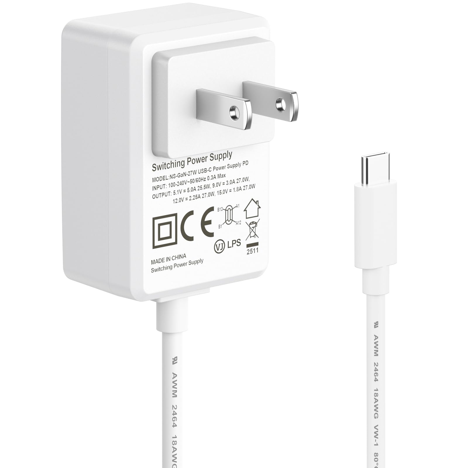 InnoMaker 27W Cargador de alimentación para Raspberry Pi 5, Adaptador de corriente USB-C 5.1V/5A PD para Raspberry Pi 5, Fuente de alimentación PD GaN.