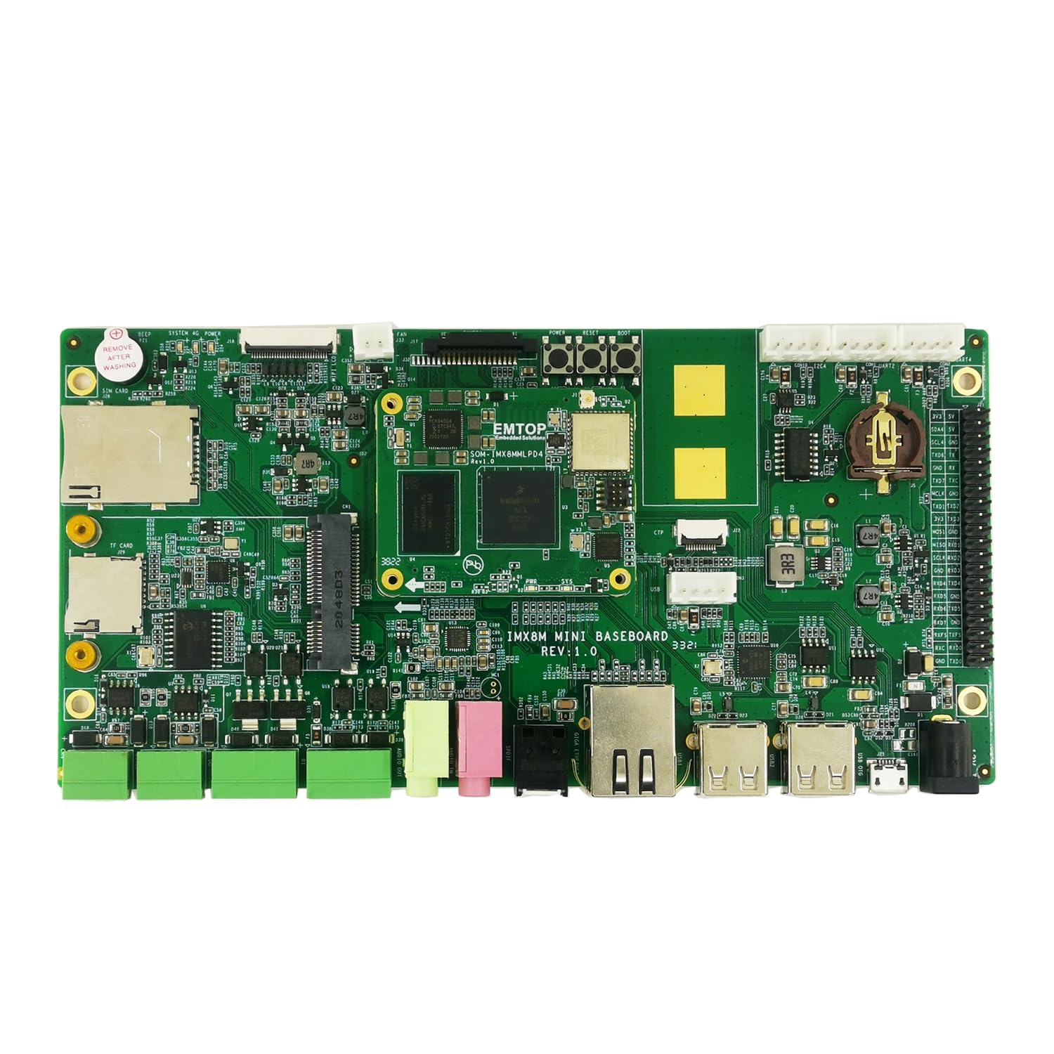 EMTOP EMB NXP i.MX8M Mini Computador de Placa Única SBC-IMX8MM-LPD4, Quad-Core ARM Cortex-A53 1.8GHz, 1xCortexM4 400MHz, 2GB LPDDR4, 16GB eMMC, Gigabit Ethernet, Yocto 6.1.22, Suporte Ubuntu 22