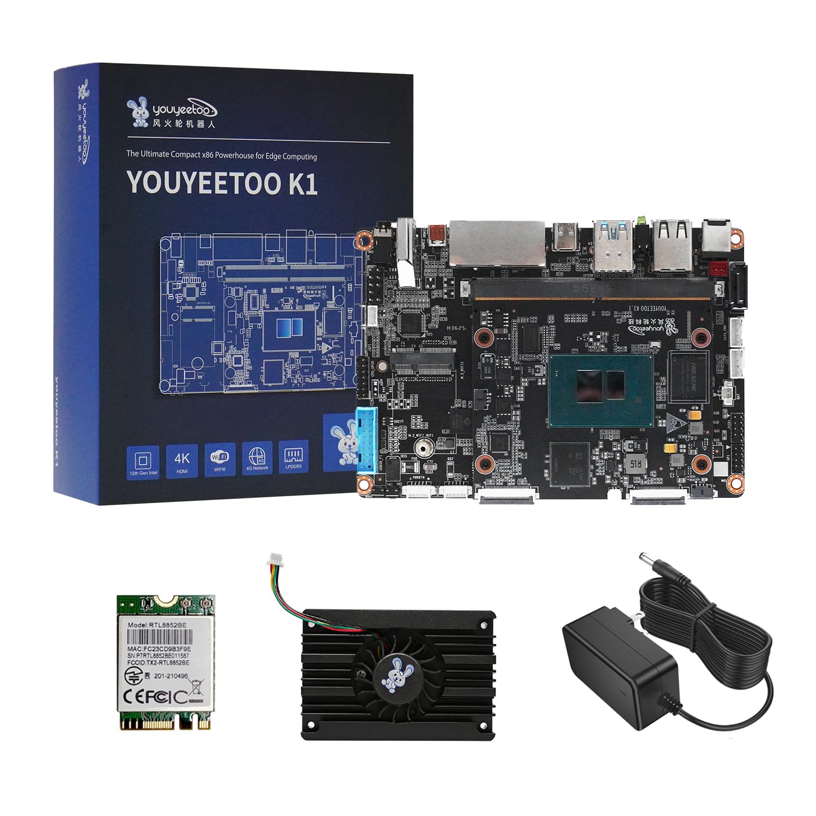 Computador de placa única youyeetoo K1 x86 - CPU Intel N100 3.4GHz, 64bit Windows 11 Linux Mini PC, MAX 16GB LPDDR5 RAM 256GB eMMC, M.2 2280 NVMe ou SATA SSD para AI IoT Edge (SBC Kit,16+256GB)