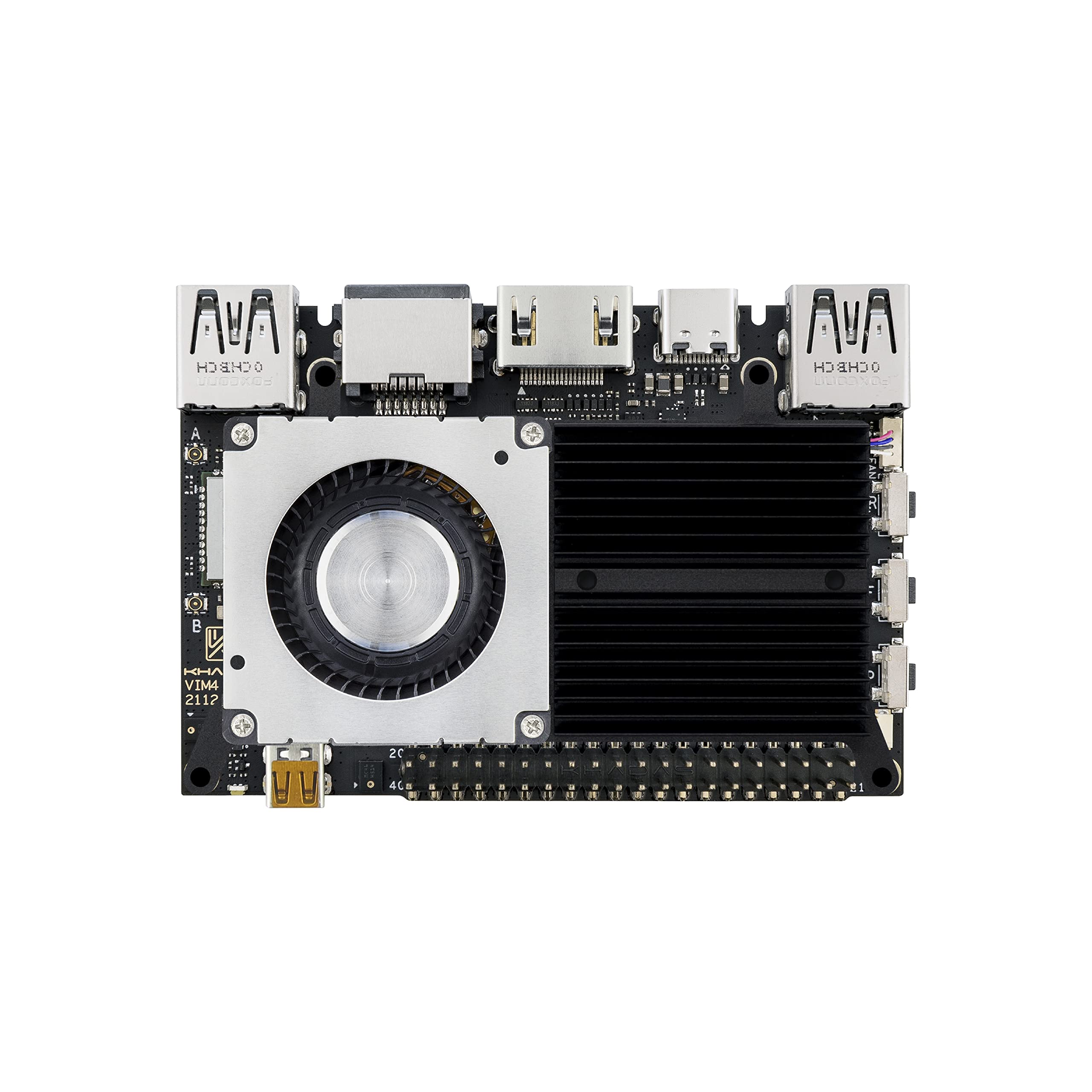 Khadas Computador de placa única VIM4 Amlogic A311D2 com kit de resfriamento ativo, suporta interface 4K e entrada HDMI, 4 interfaces de exibição, LAN WiFi 6 e Bluetooth 5.1, 8GB 64bit LPDDR4X 2016MHz