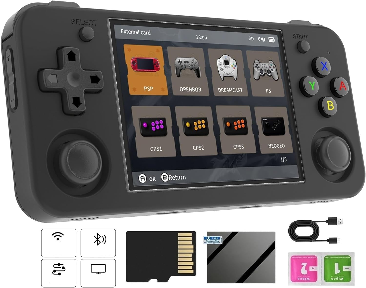 Video Game Emulador RG35XX H Mini Game Console Retrô, Cartão TF de 64 GB Integrado, Tela IPS de 3,5 Polegadas, Sistema Linux, Suporte a Mais de 5500 Jogos Clássicos, Gamepad sem Fio 2.4G/5G, TV, Monitor WiFi Bluetooth 4.2 - Preto.