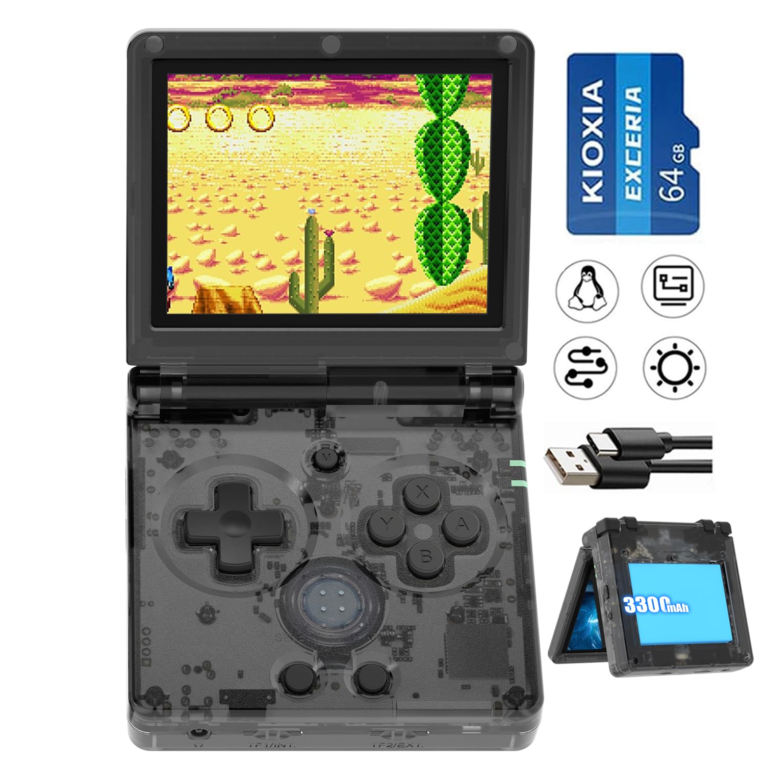 Aivuidbs Console de Jogos Portátil Retrô Rg35Xxsp Flip, com Tela Ips de 3,5 Polegadas, Sistema Linux, Cartão Tf de 64 Gb Pré-Instalado e 5532 Jogos. Compatível com Wi-Fi 5G, Bluetooth e Hdmi.
