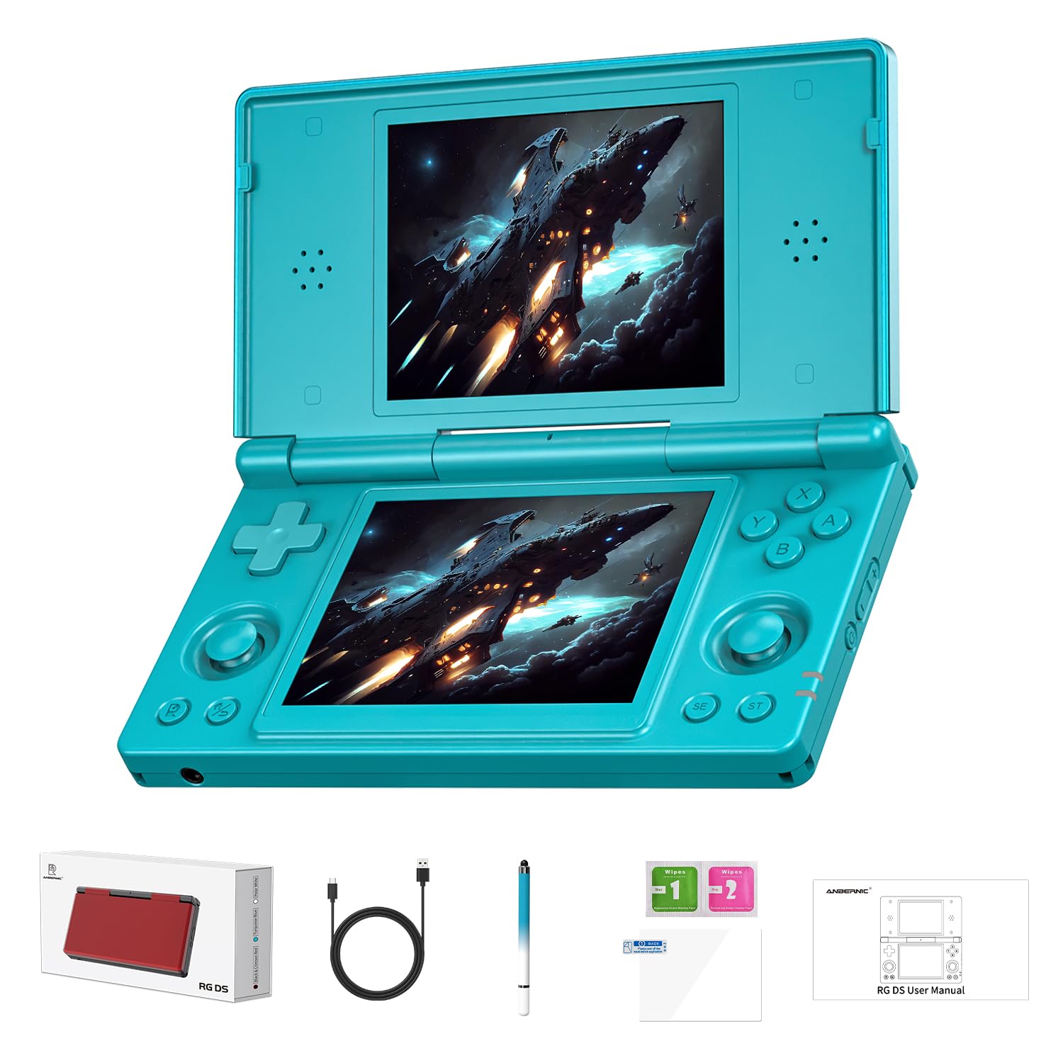 ANBERNIC RG DS Handheld Game Consoles RG DS Retro Gaming Console Dual-screen Video Game Console 3+32GB Android 14 Portable Pocket Arcade 4000mAh Battery WiFi Bluetooth HD Output Turquoise Blue