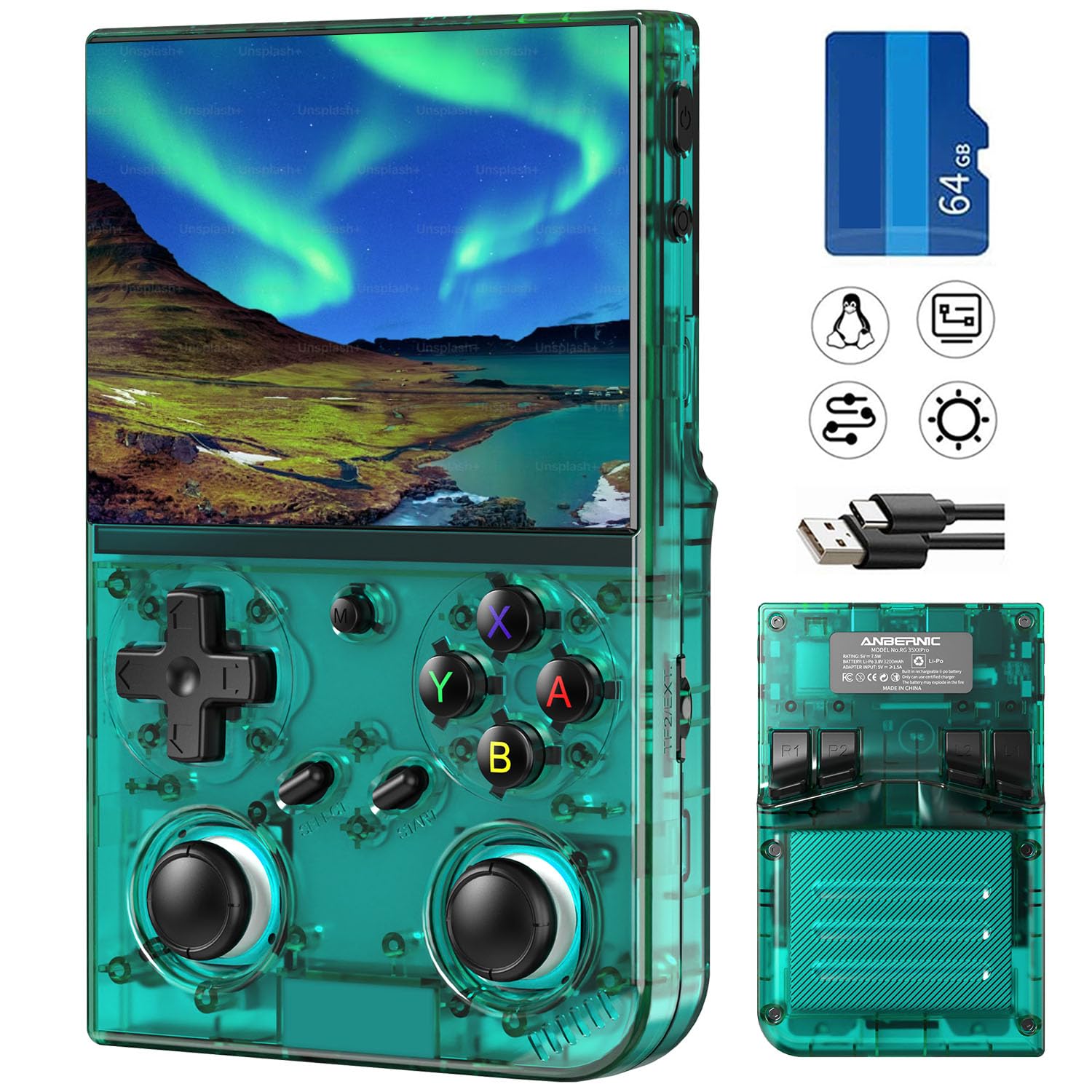 Aivuidbs Console Jogos Portátil Retrô Clássico Up, com Tela Ips de 3,5", Cartão Tf de 64 Gb Pré-Instalado com 4353 Jogos, Compatível com Wi-Fi 5G, Bluetooth, Hdmi e Saída de Tv. Modelo 35Xxpro Verde