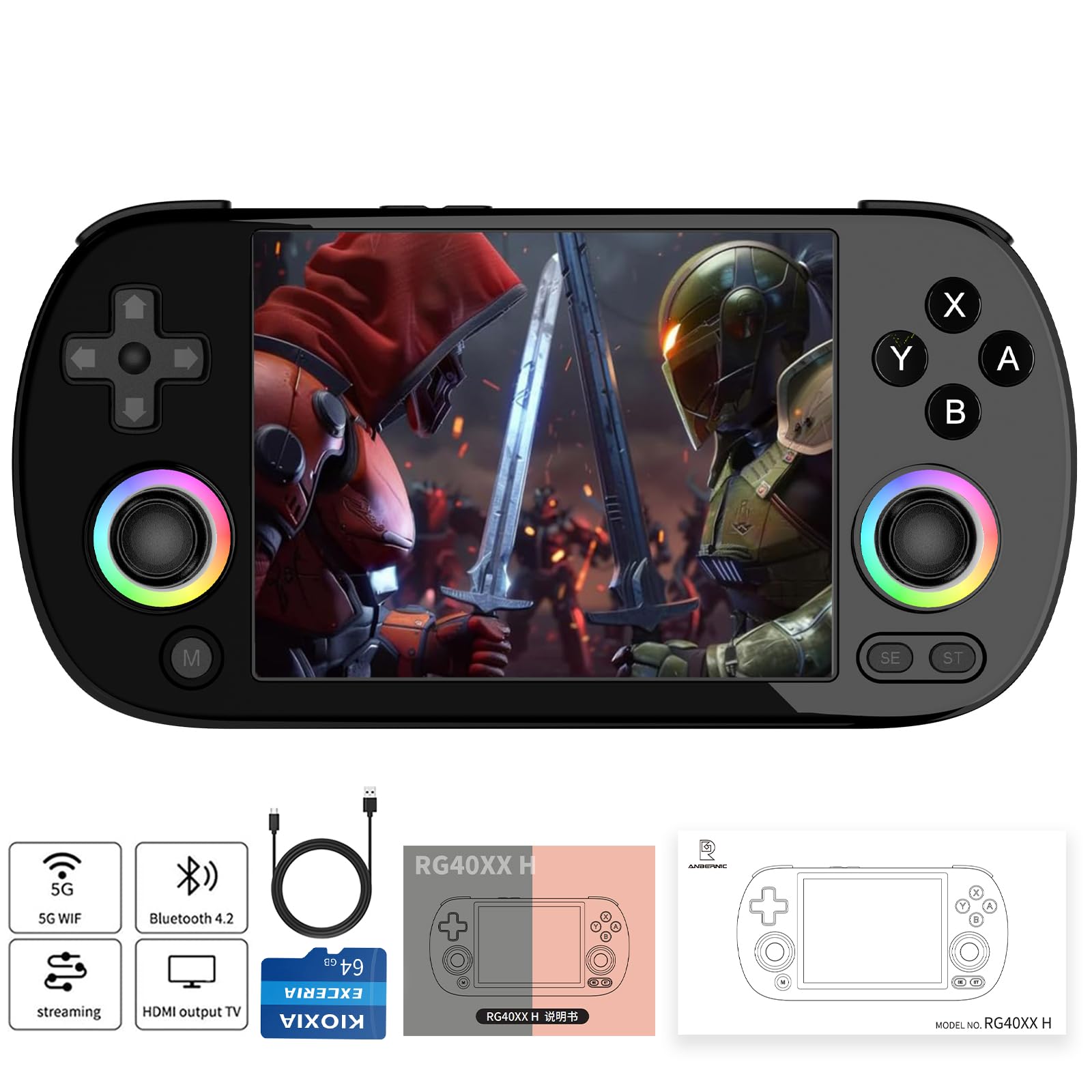 RG40XX H Console de videogame portátil retrô, console de jogos retrô, console de jogos portátil, sistema Linux de 64 bits, tela IPS de 4 polegadas, Cortex-A53, suporta WiFi, Bluetooth, saída
