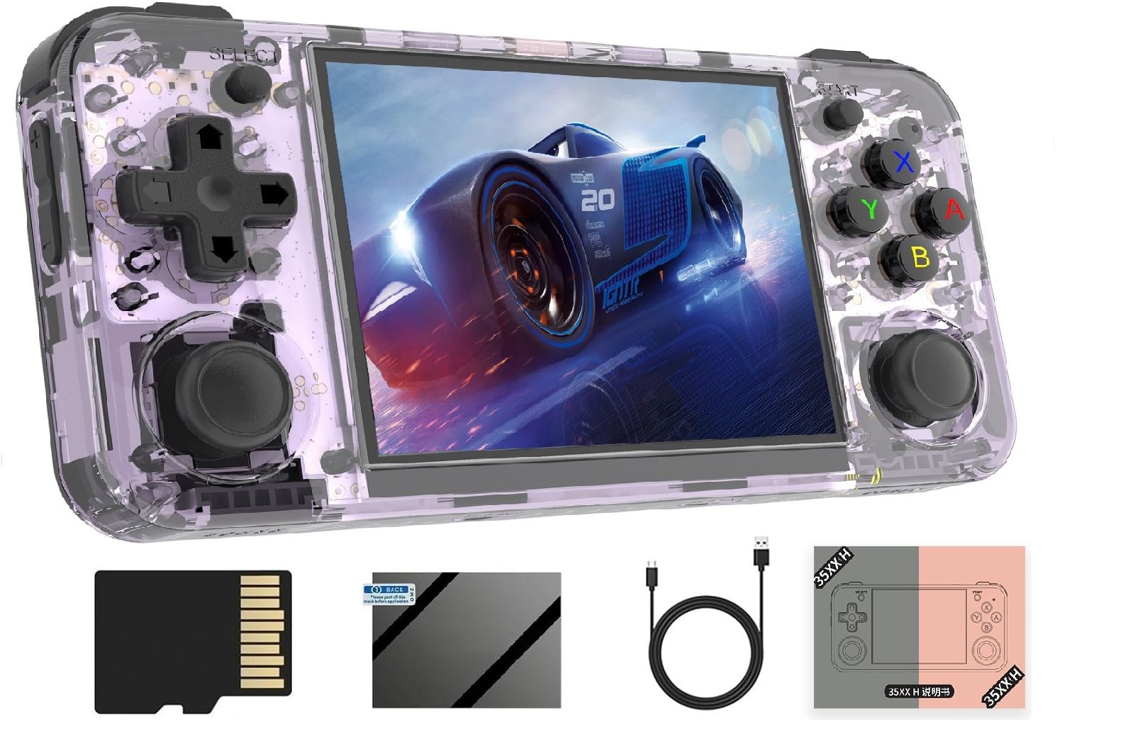 Voacle Console Portátil Retrô Rg35Xx-H com Sistema Linux, Tela Ips de 3,5 Polegadas, Cartão Tf de 64 Gb Integrado, Suporte para 5528 Jogos, Saída para Tv, Wi-Fi 5G, Bluetooth 4.2 (Roxo Transparente).