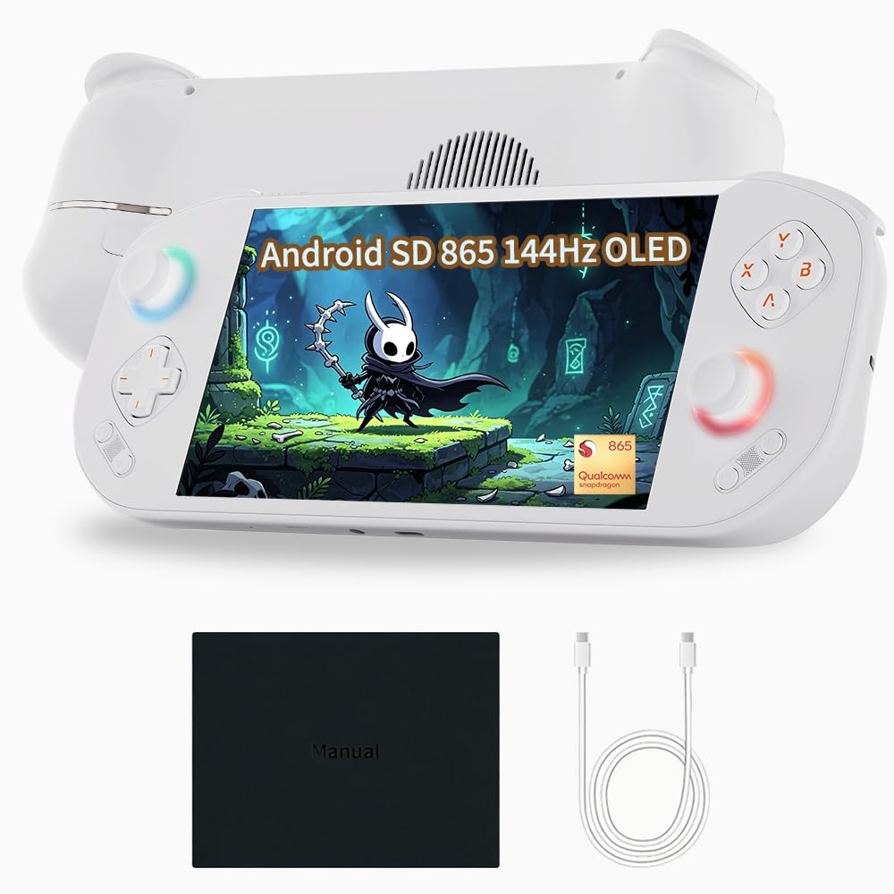 MANGMI Pocket Max Android Handheld Gaming Console, Snapdragon 865, 8+128GB, 7" 144Hz AMOLED, RGB Hall Sticks, 8000mAh Large Battery, WiFi 6, USB 3.1, Cloud/PC Gaming, Retro Handheld, Android 13(White)
