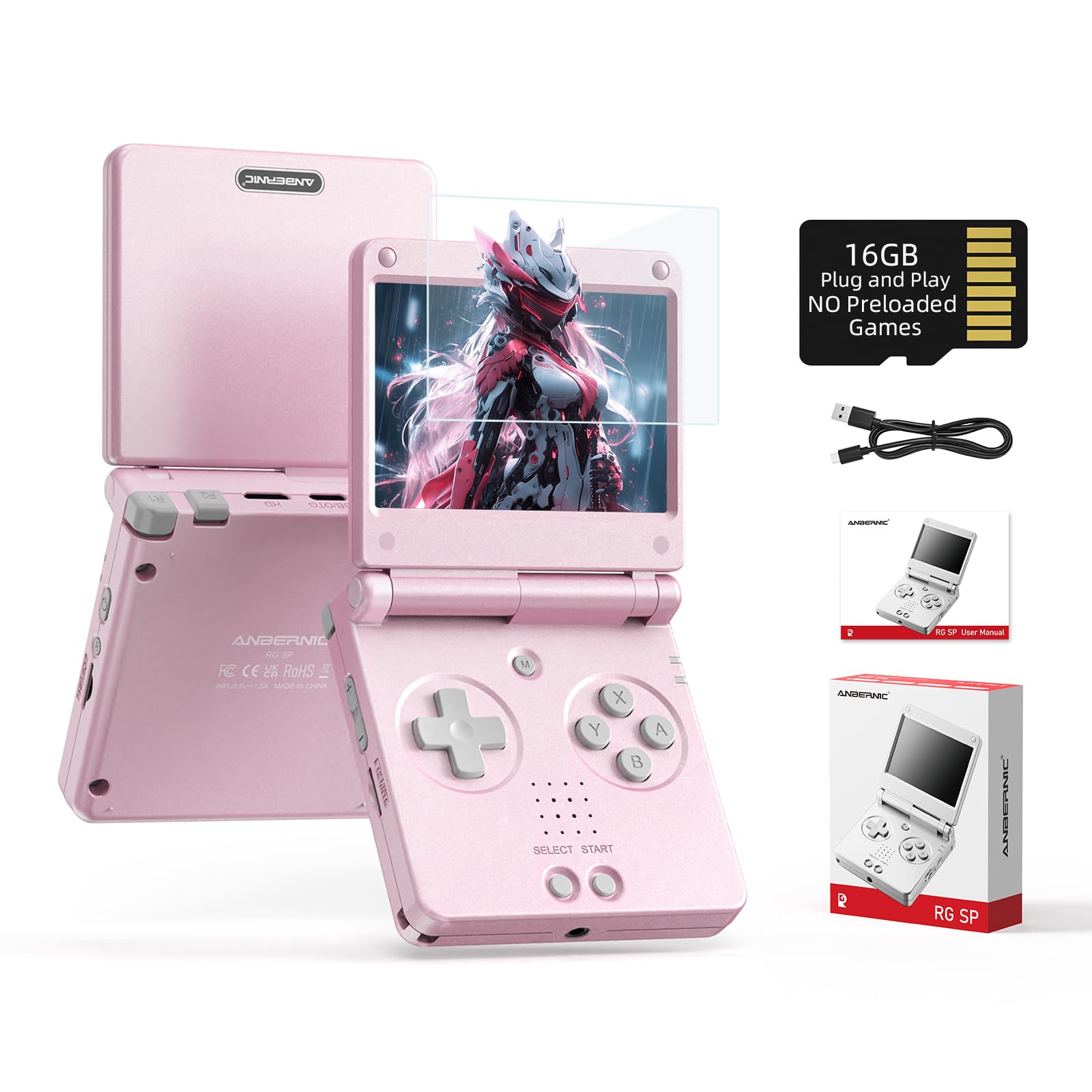 Anbernic RG SP Flip Retro Handheld Game Console RGSP Portable Game Console with Linux 16GB NO Preloaded Game 3.4'' IPS 3300mAh RG SP Support 30+Game Emulator 2.4G/wired/BT HDMI Wi-Fi Multiplayer Pink
