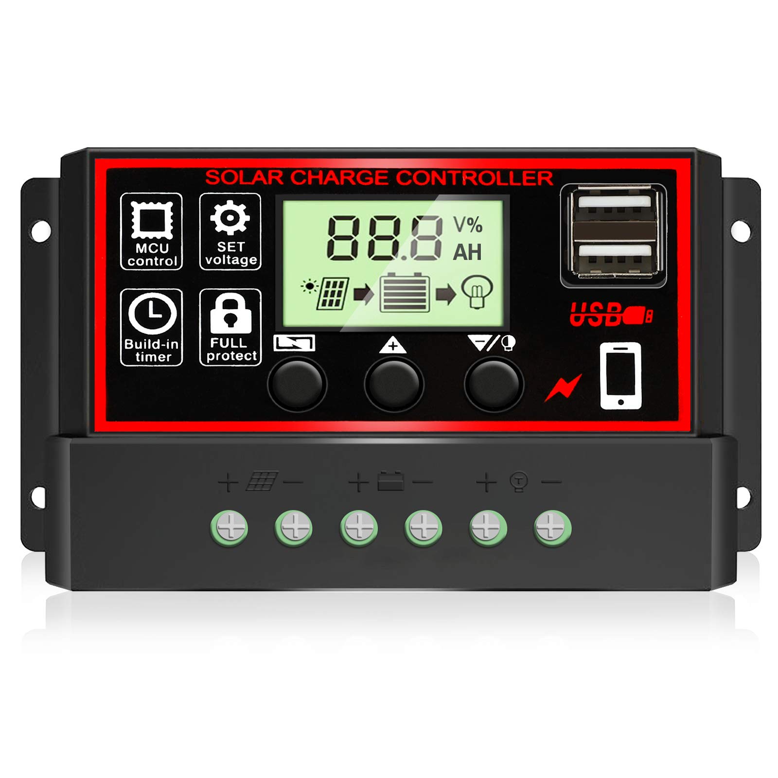 Depvko [2020 atualizado] Controlador de carga solar 30A, regulador inteligente de bateria de painel solar preto com porta USB dupla 12V/24V PWM Parâmetros automáticos visor LCD ajustável