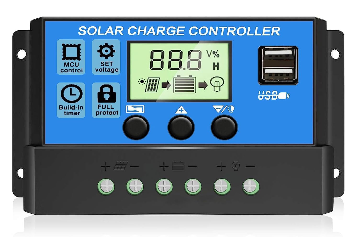 Rolokit Controlador de Carga Solar Pwm de 30A, Regulador Inteligente para Baterias de Painéis Solares de 12V E 24V com Duas Portas Usb, Display Lcd, Parâmetros Ajustáveis Automaticamente