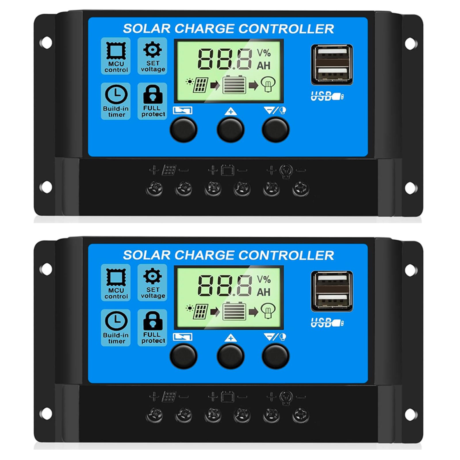 Rolokit Controlador de Carga Solar Pwm de 30A (2un), Regulador Inteligente para Baterias E Painéis Solares de 12V E 24V com Duas Portas Usb, Display Lcd, Parâmetros Ajustáveis Automaticamente