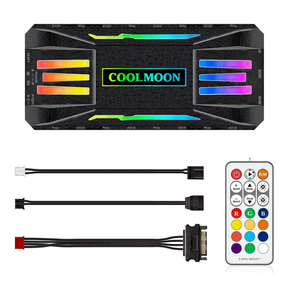 COOLMOON, CONTROLADOR DE COOLER FAN DE COMPUTADOR, 10 PORTAS ARGB (3 PINOS), 8 PORTAS PWM (4 PINOS), PRETO, COM CONTROLE REMOTO, ALIMENTAÇÃO SATA