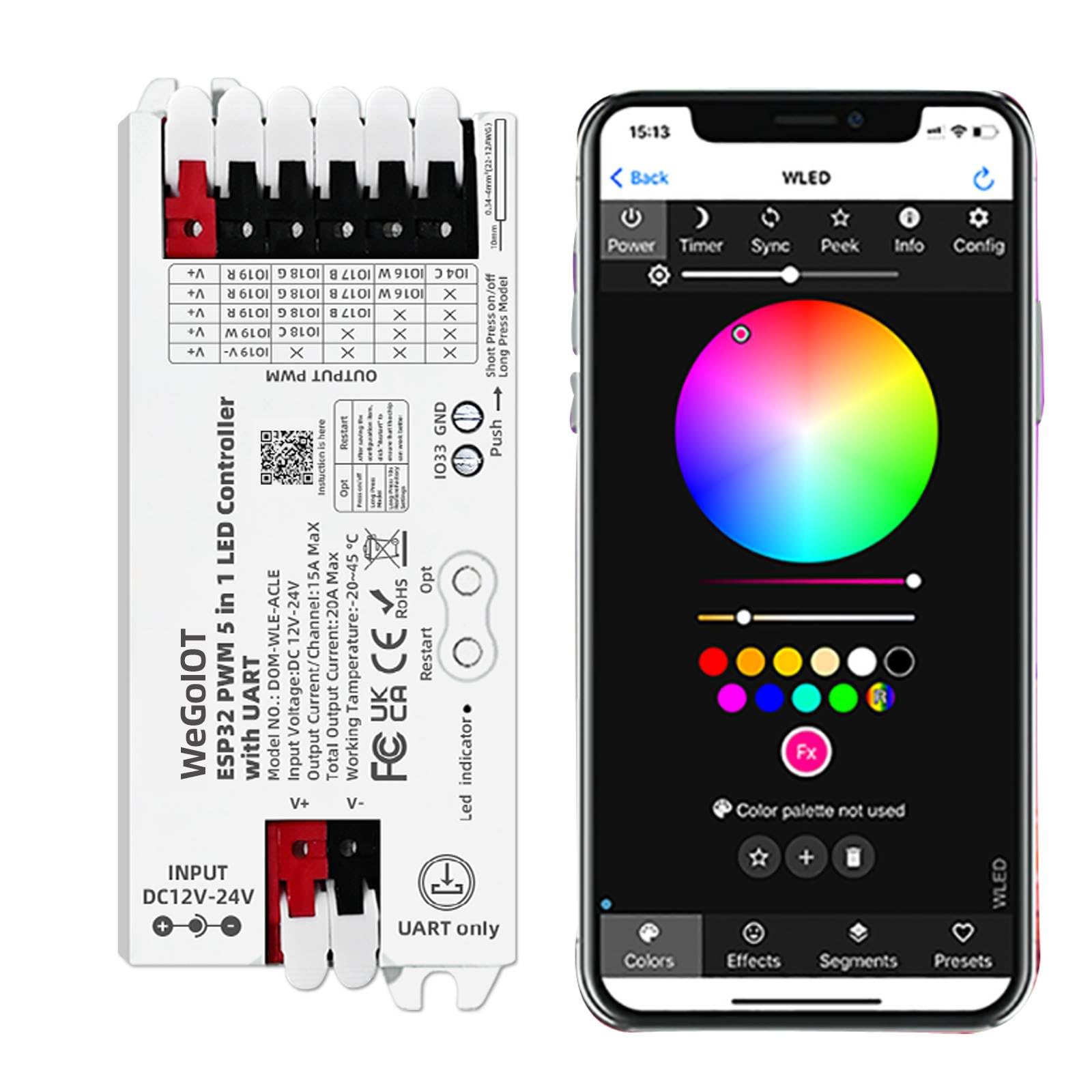 WeGoIOT Controlador de iluminação inteligente ESP32 LED PWM 5 em 1 com porta de download UART, controle de aplicativo sem fio WiFi, fiação fácil, modo dinâmico estático para tiras de LED RGBCCT/RGBW